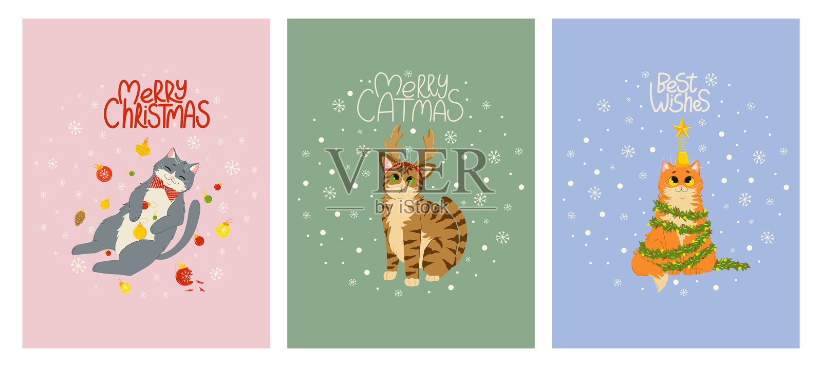 圣诞贺卡套装，配有搞笑可爱的猫咪和圣诞装饰品插画图片素材