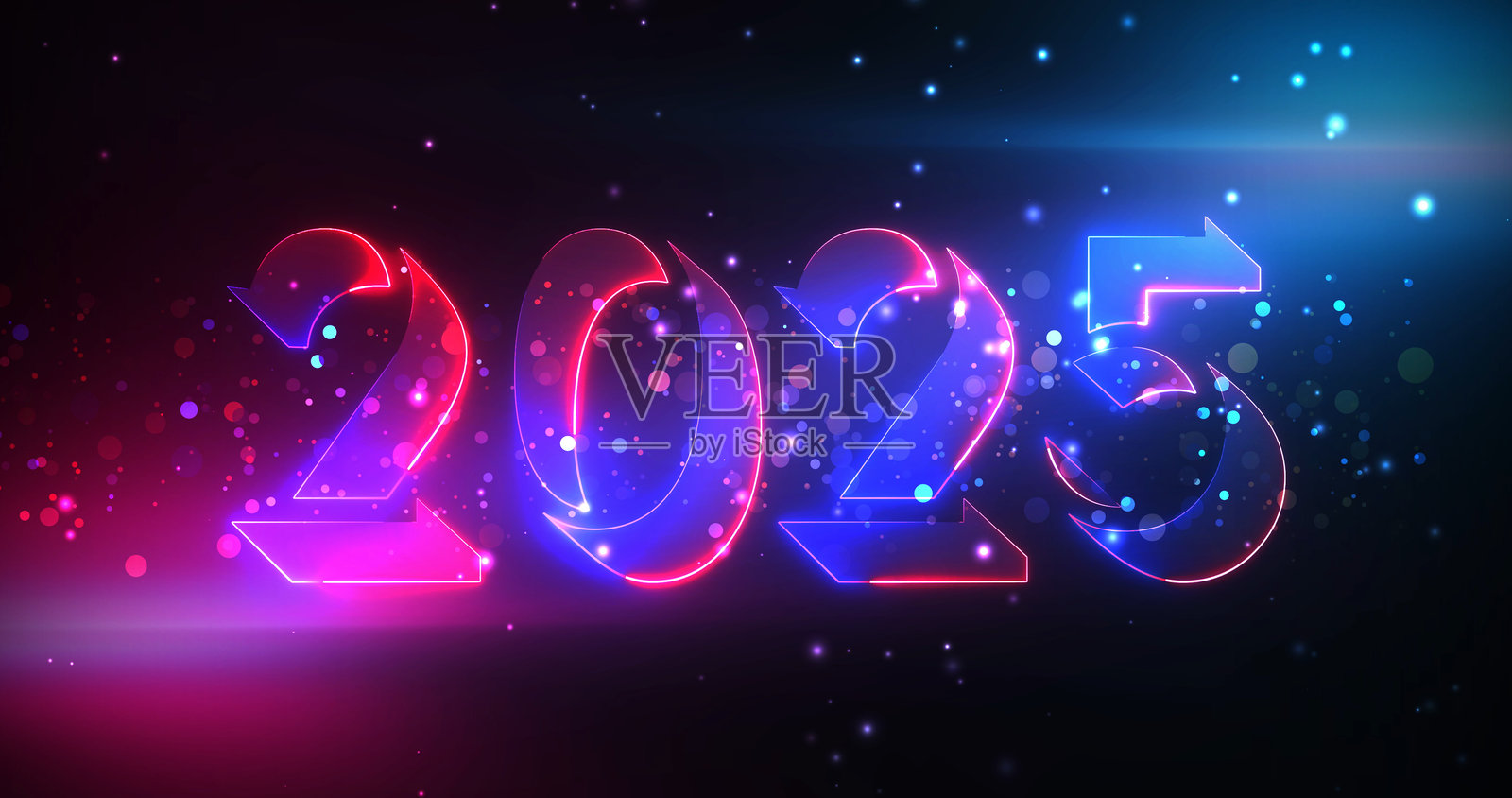 魔幻的3D 2025新年祝福背景，带有闪烁的光晕和移动的背景。祝大家2025新年快乐。闪耀的霓虹信息映衬着光滑的背景。庆祝倒计时奢华的五彩纸屑粒子和惊艳的尘埃背景。插画图片素材