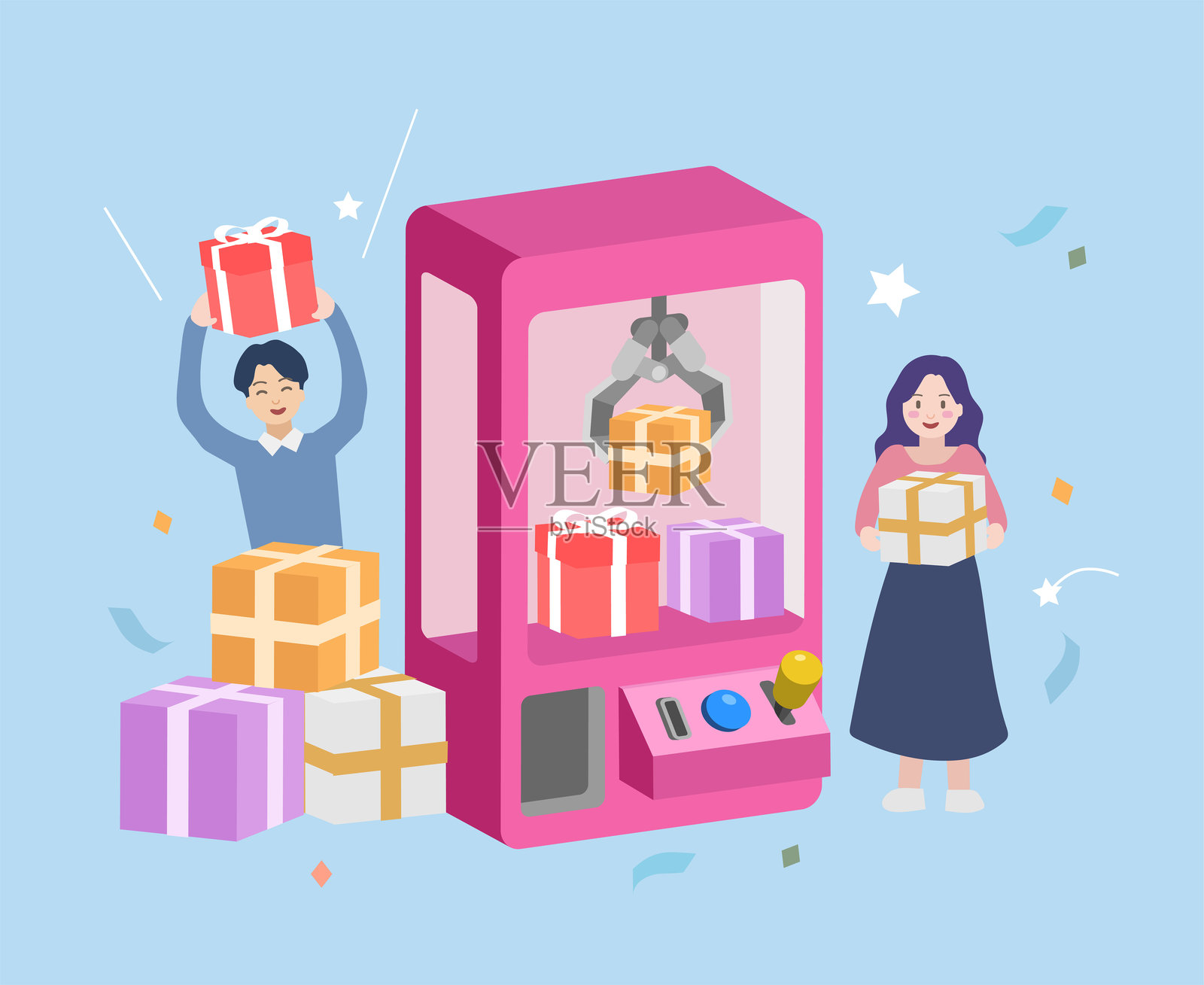 幸运的人们在抓娃娃机附近赢得抽奖。彩票、奖品、运气、营销概念。插画图片素材