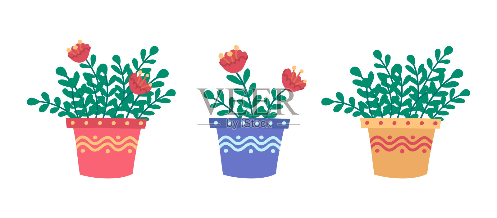 卡通彩色花卉植物盆栽套装。矢量图插画图片素材