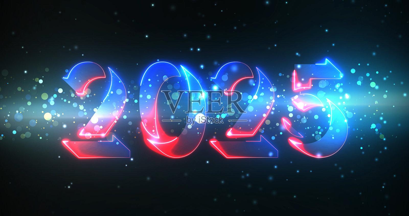 魔幻的3D 2025新年祝福背景，带有闪烁的光晕和移动的背景。祝大家2025新年快乐。闪耀的霓虹信息映衬着光滑的背景。庆祝倒计时的奢华五彩纸屑粒子和惊艳的尘埃背景。插画图片素材