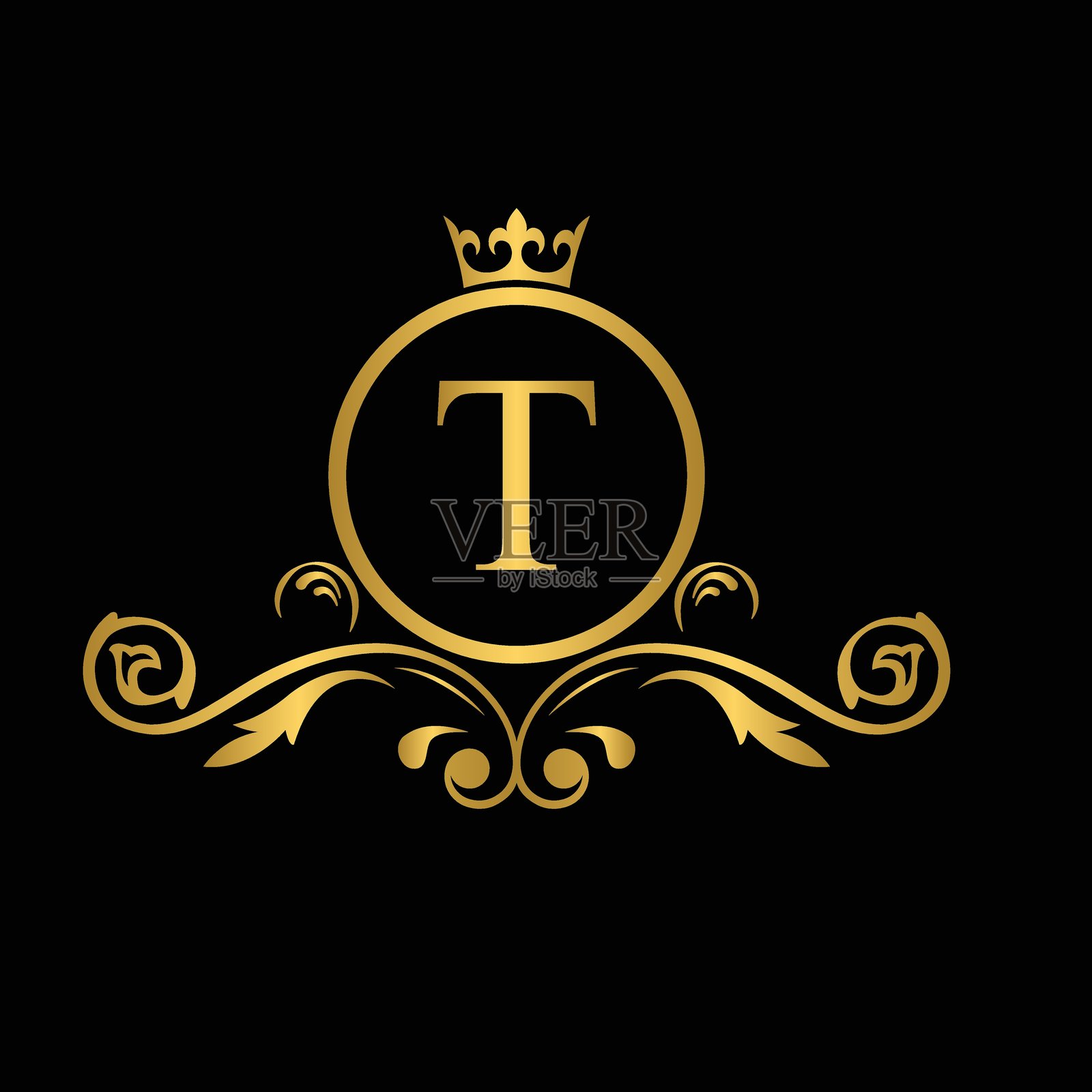 金色字母T标志，奢华字母与皇冠。字母组合。美丽的皇家首字母。设计模板标志。插画图片素材