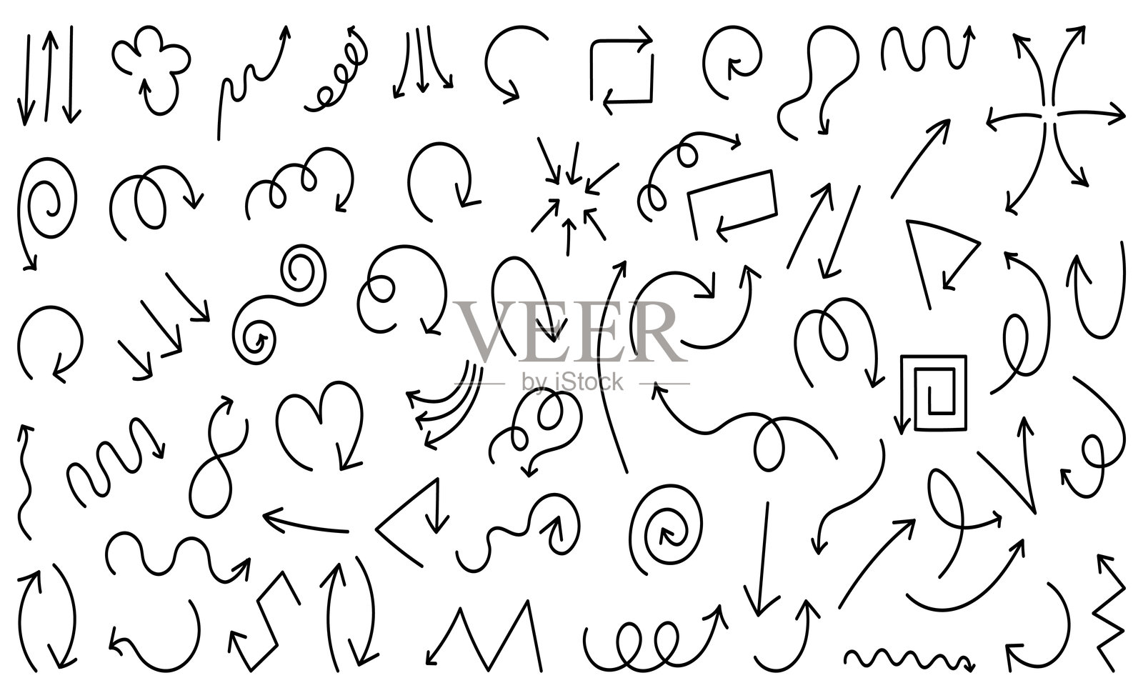 一组黑色手绘涂鸦螺旋箭头。矢量插图插画图片素材