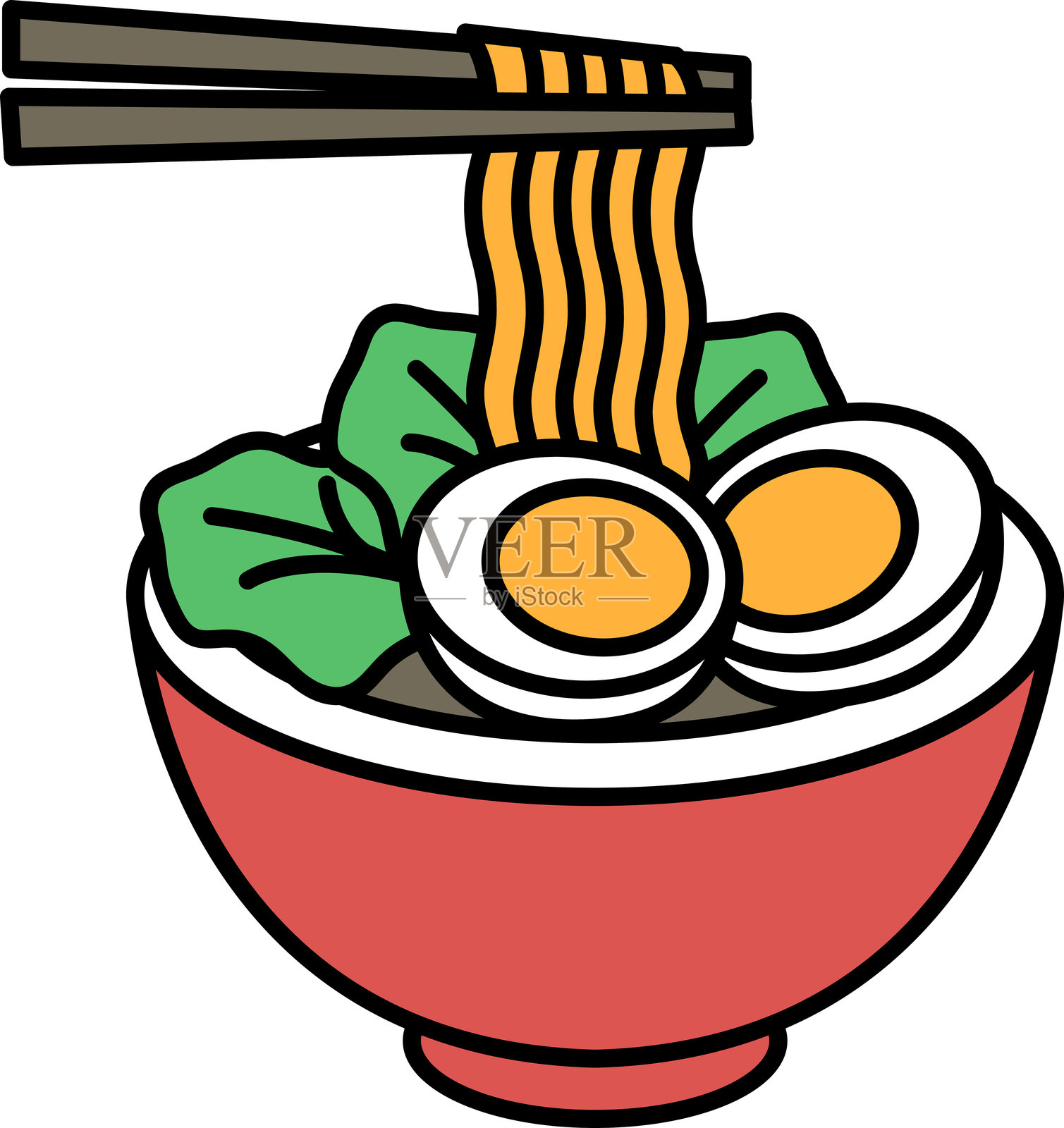 一幅卡通风格的拉面碗，里面有鸡蛋和绿色蔬菜插画图片素材