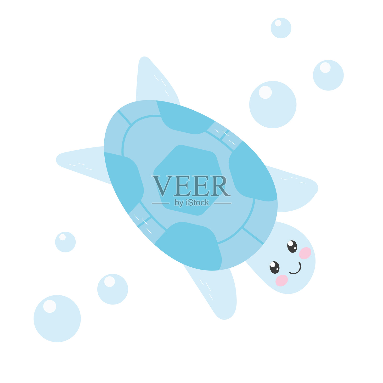 可爱搞笑的海龟与蓝色气泡。插画图片素材