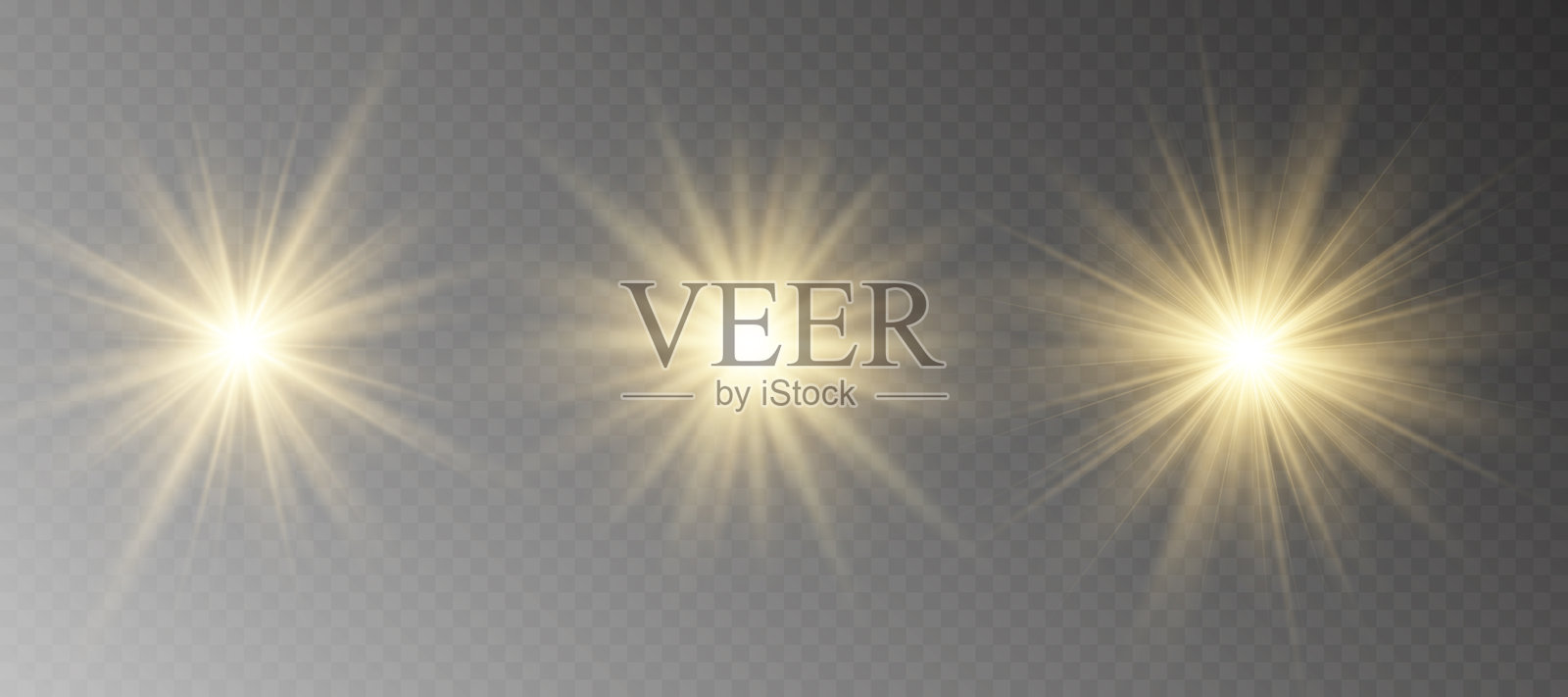 背景是光束或阳光束的矢量图。它展示了一种抽象的金色光芒，像聚光灯一样闪烁和闪耀，带有金色阳光在透明背景上的闪光。插画图片素材