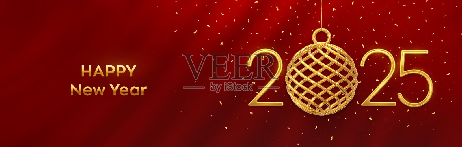 2025年快乐。悬挂的金属数字2025，配有闪亮的3D金球和红色背景上的五彩纸屑。新年贺卡、横幅、标题模板。矢量插图。插画图片素材