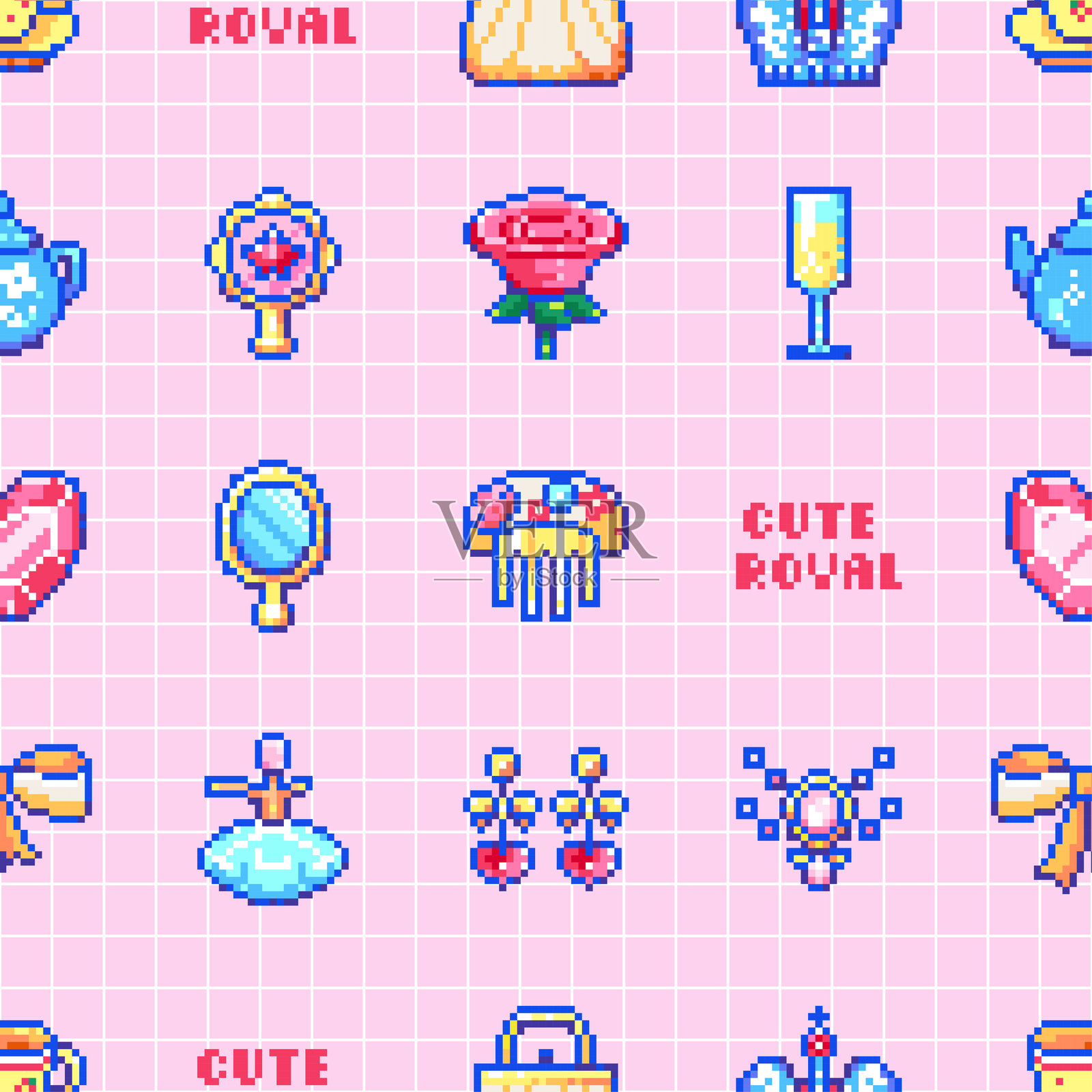 像素艺术风格的女孩公主无缝图案。包含可爱的皇家元素：皇冠、玫瑰、镜子、香槟、蝴蝶结、耳环、香水和粉色网格纹理的矢量背景。插画图片素材