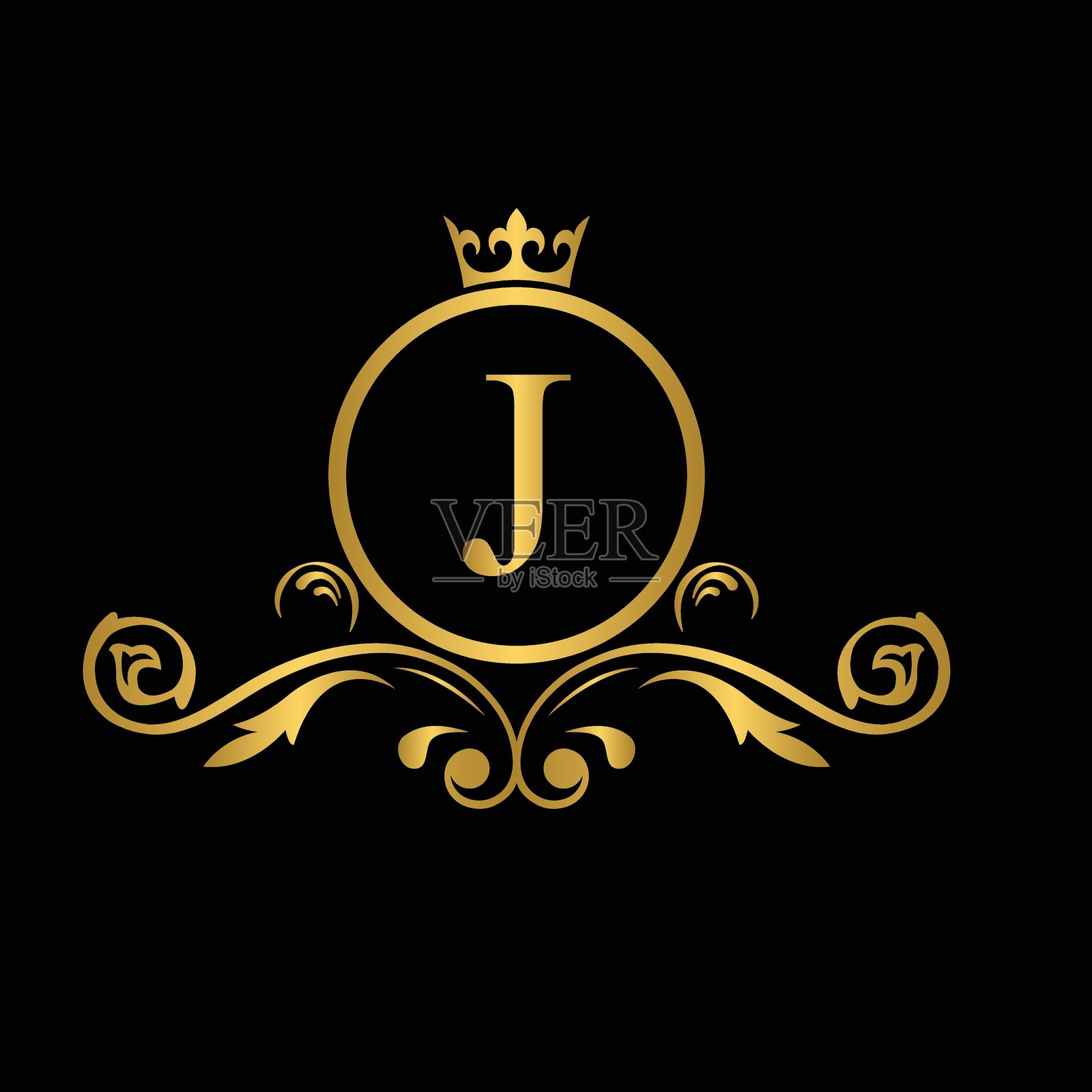 金色字母J标志，奢华字母与皇冠。字母组合。美丽的皇家首字母。设计模板标志。插画图片素材