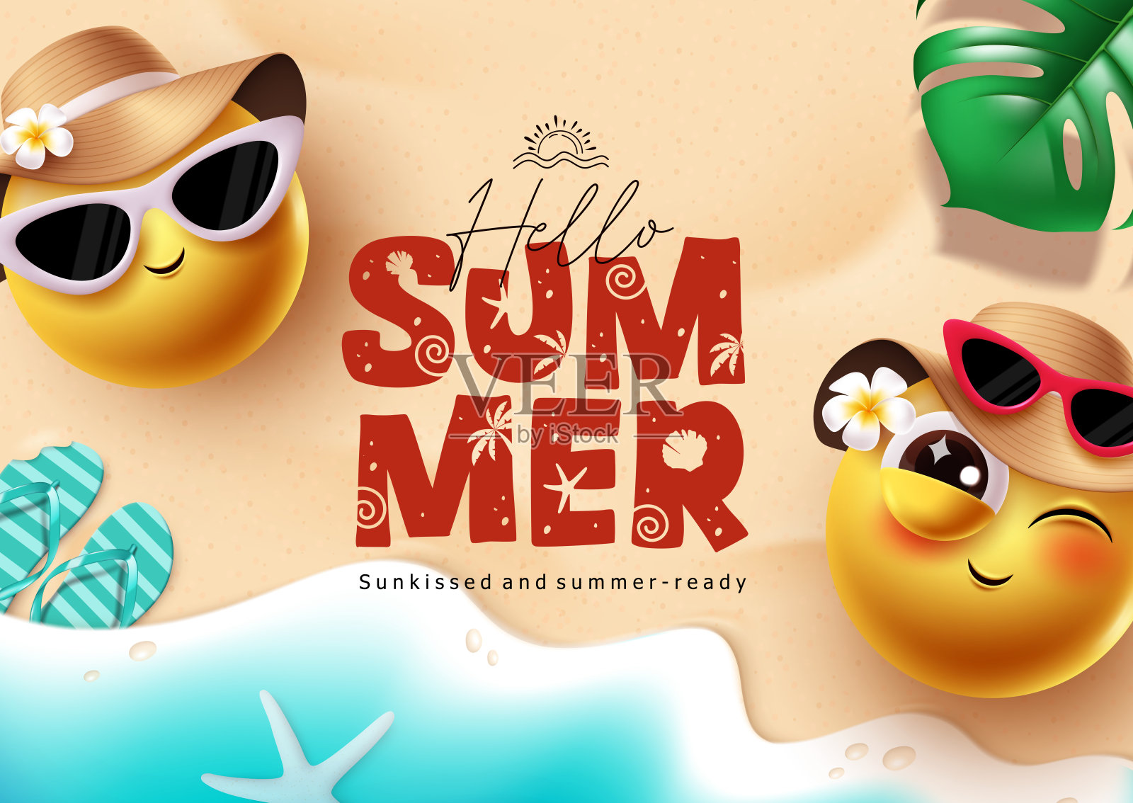 夏季问候的表情符号剪贴画设计。可爱的表情符号角色戴着帽子和太阳镜，俯视海滩。插画图片素材