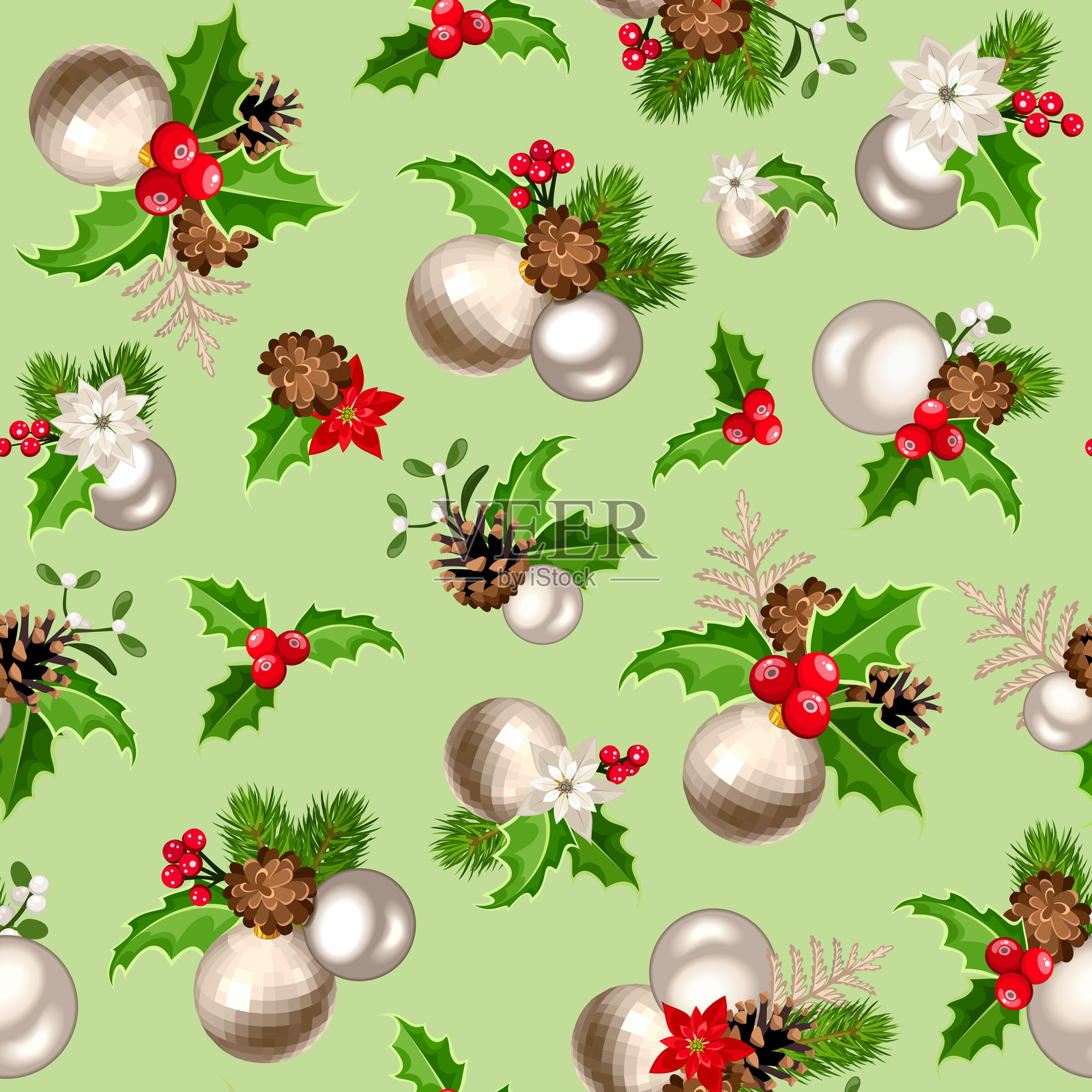 圣诞节无缝图案，红色和银色装饰在绿色背景上。矢量季节印刷。插画图片素材