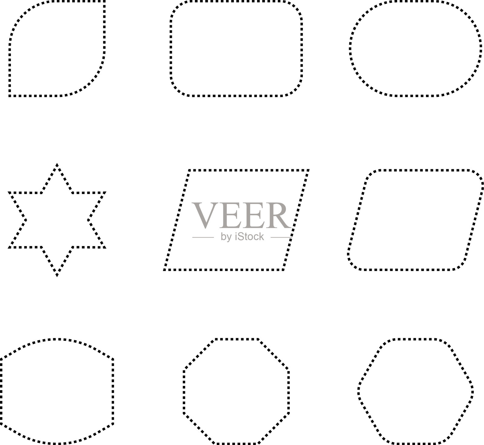 虚线基本几何形状。圆形、椭圆形、正方形、三角形和星形的虚线轮廓。剪切框的图标。矢量图。插画图片素材