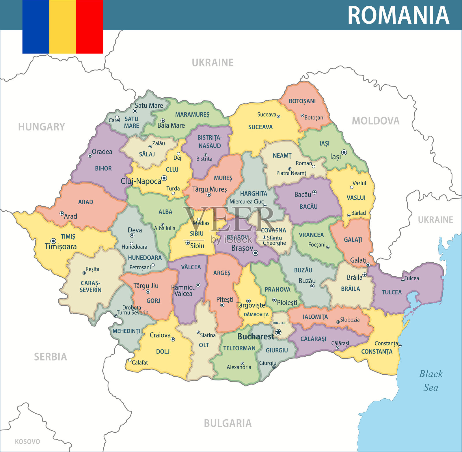 罗马尼亚地图矢量图 2024 新版 彩色 - 可定制的罗马尼亚分层政治地图，包含行政区划，适用于网站、教育、报告、新闻、政治、印刷、海报和壁纸。插画图片素材