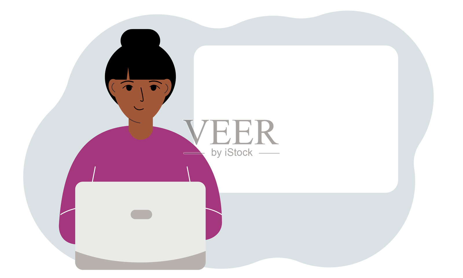 一位女性在笔记本电脑上工作，旁边有一个文本区域。这是自由职业或远程学习和工作的概念。插画图片素材