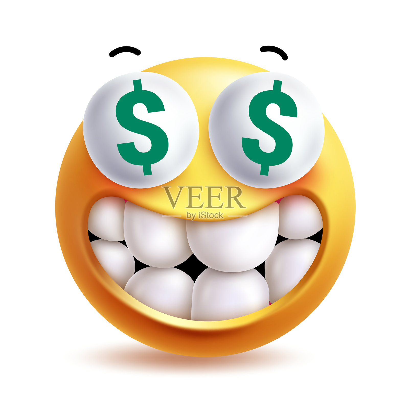 美元眼睛表情符号剪贴画 3D 角色。表情符号代表金钱、财富、成功、快乐和幸福，带有露齿而笑的面部表情。插画图片素材