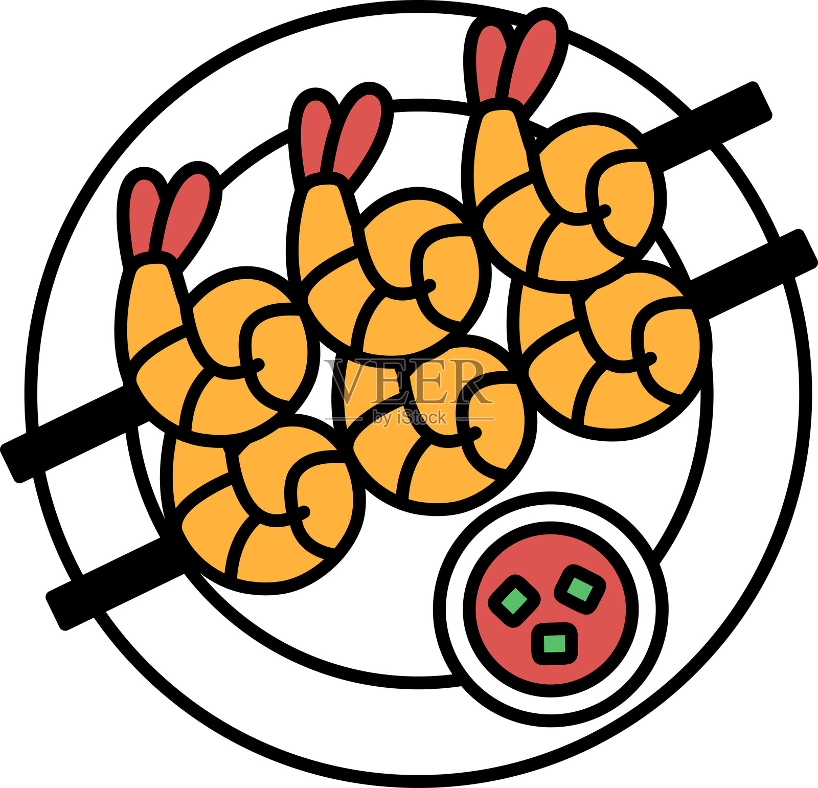 一盘虾，旁边有酱汁插画图片素材