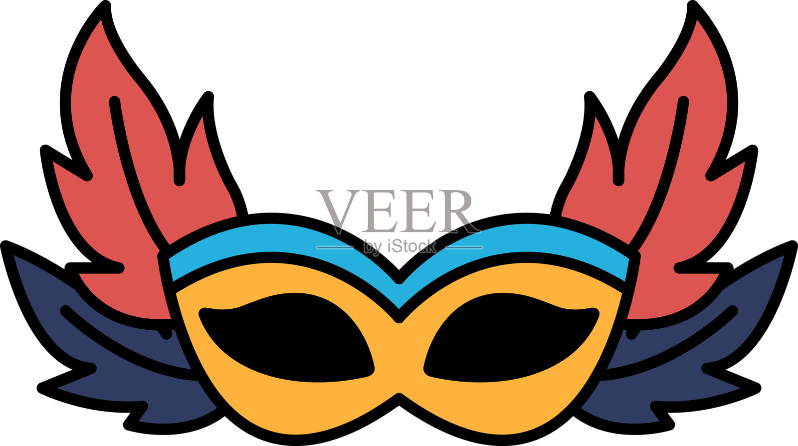 一款带有红色、蓝色和黄色羽毛的卡通面具插画图片素材