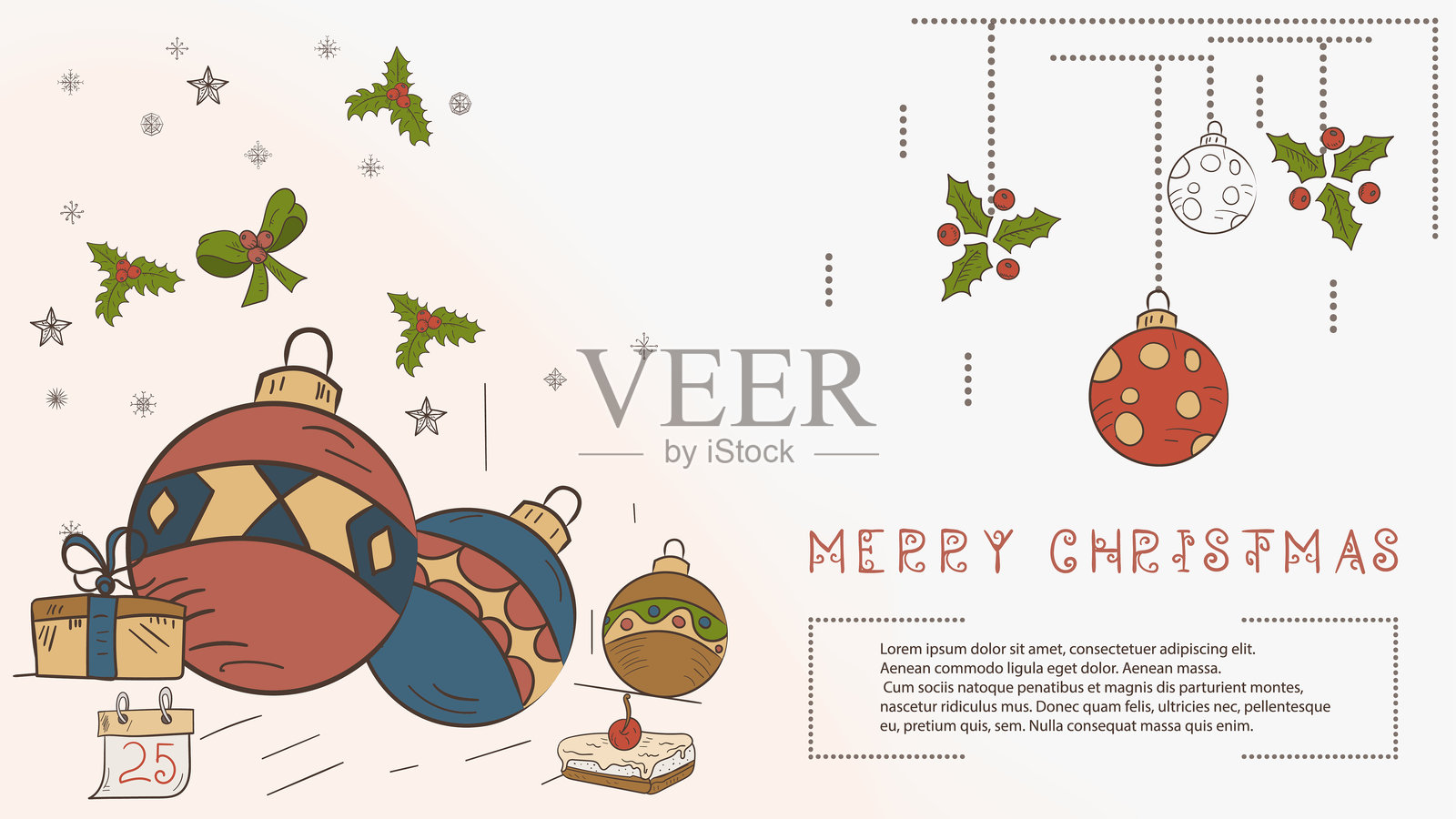 儿童涂鸦风格的圣诞色彩轮廓插图，带有“Lorem Ipsum 圣诞球”的文字插画图片素材