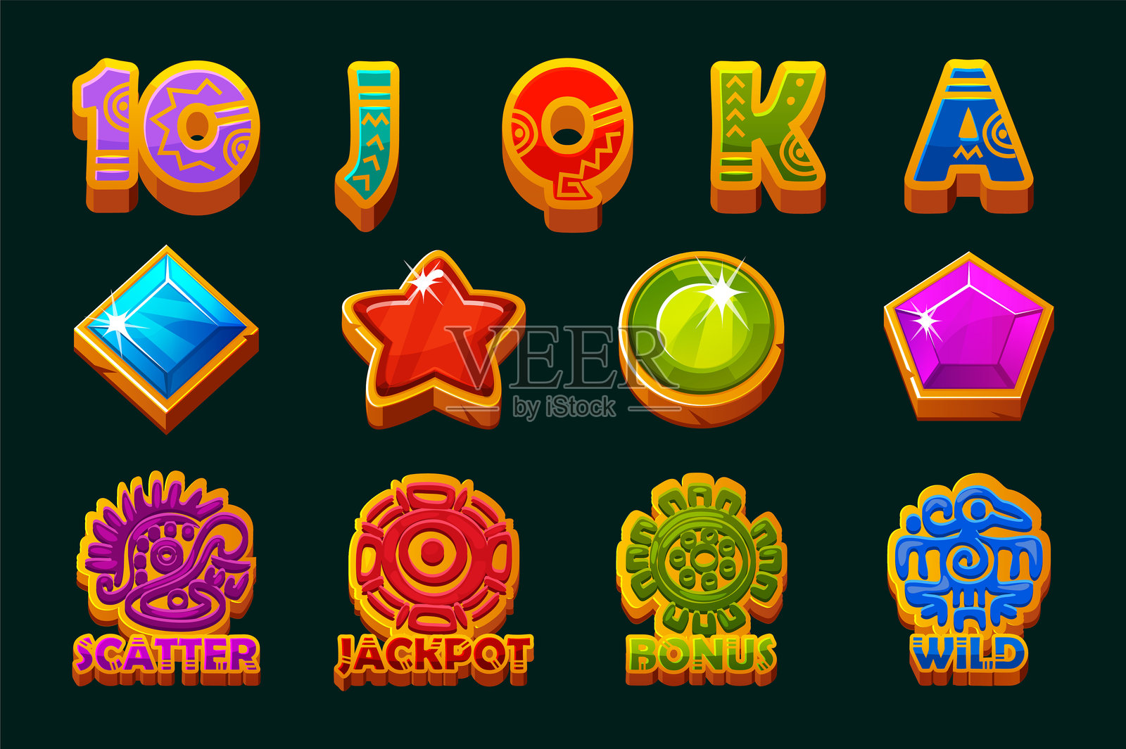 一套12个玛雅或阿兹特克主题的老虎机符号。用于赌博的用户界面元素。适用于2D游戏和赌场或老虎机的图标风格。用于老虎机开发的图形元素。插画图片素材