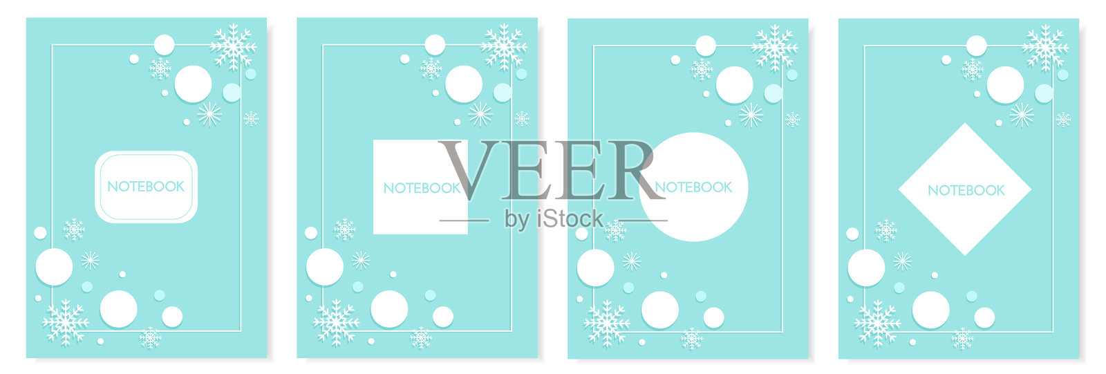 一组浅蓝色背景上带有白色雪花和新年星星的封面模板。适用于笔记本、计划本、宣传册、书籍、目录、便签和日记。矢量插图插画图片素材