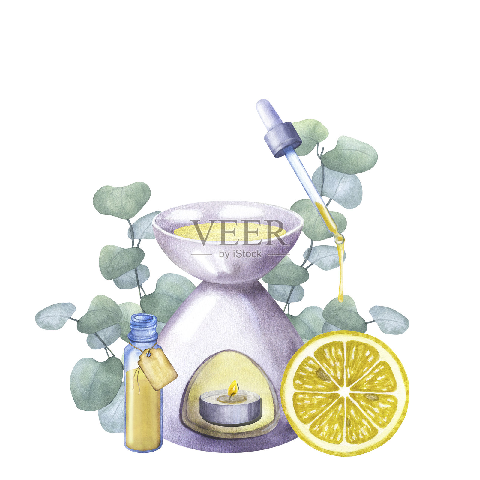 陶瓷香薰灯，配有柠檬精油和点燃的蜡烛。滴管瓶，柑橘切片，桉树枝。水疗度假，按摩，冥想。手绘水彩插图，背景为透明。插画图片素材