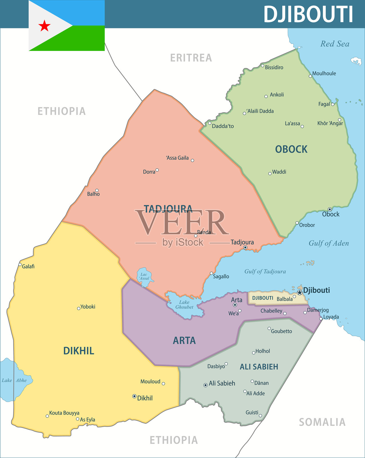 吉布提地图矢量图 2024 新版 彩色 - 可定制的吉布提分层政治地图，包含行政区划，适用于网站、教育、报告、新闻、政治、印刷、海报和壁纸。插画图片素材