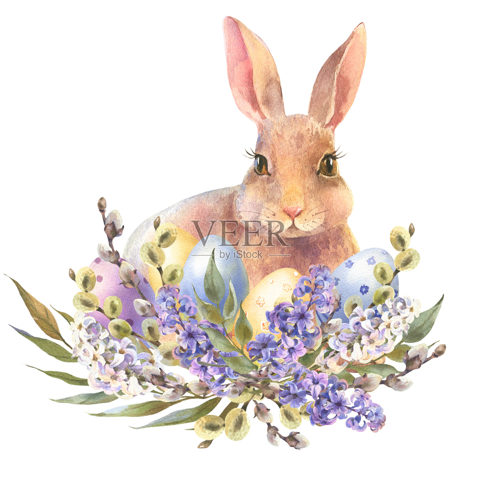 水彩桃色兔子坐在春天花环中。复活节兔子和彩色鸡蛋，装饰性鸡蛋黄色、蓝色、紫色。设计、卡片、壁纸的模板。插画图片素材