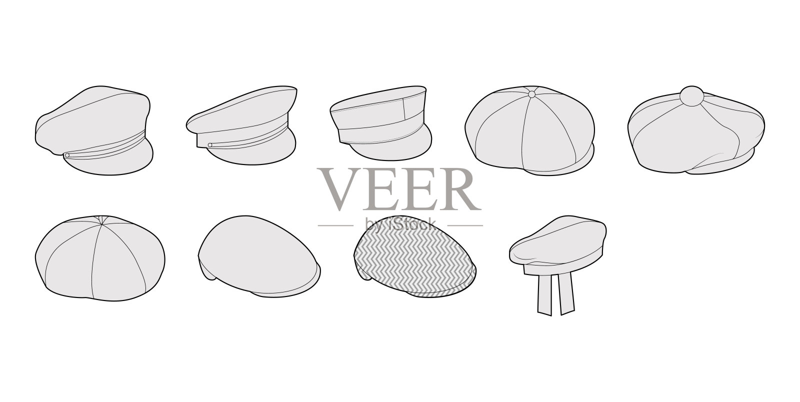 帽子系列 - 带尖顶的水手帽、平顶的爱尔兰帽、报童贝雷帽、苹果新闻男孩帽。帽子时尚插画图片素材