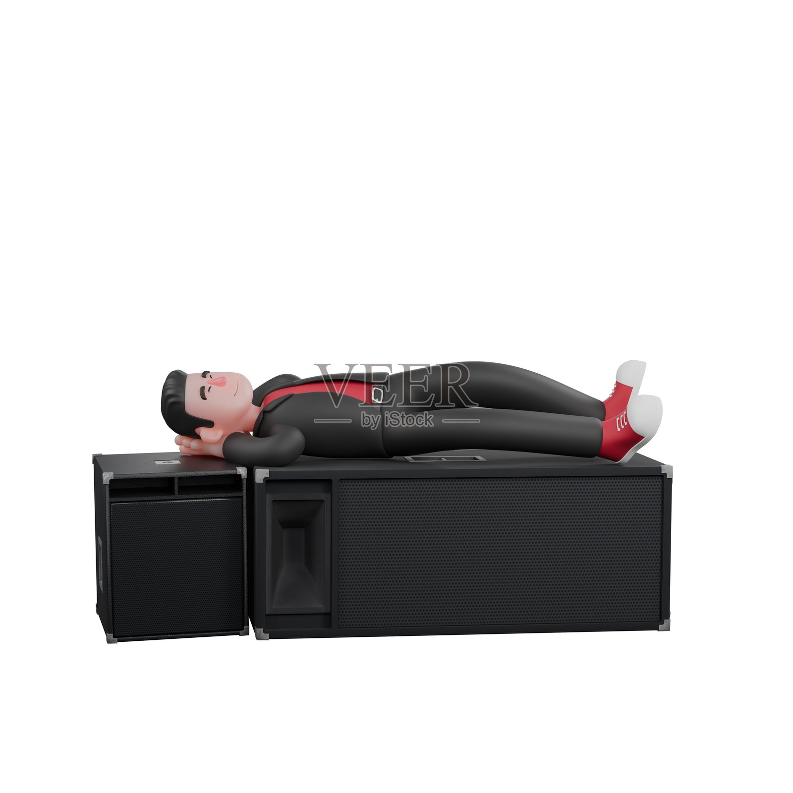 3D卡通舞蹈编排者。一位男性编舞者躺在音响上，双手放在头下，闭着眼睛，面带平静的表情。表演艺术家照片摄影图片