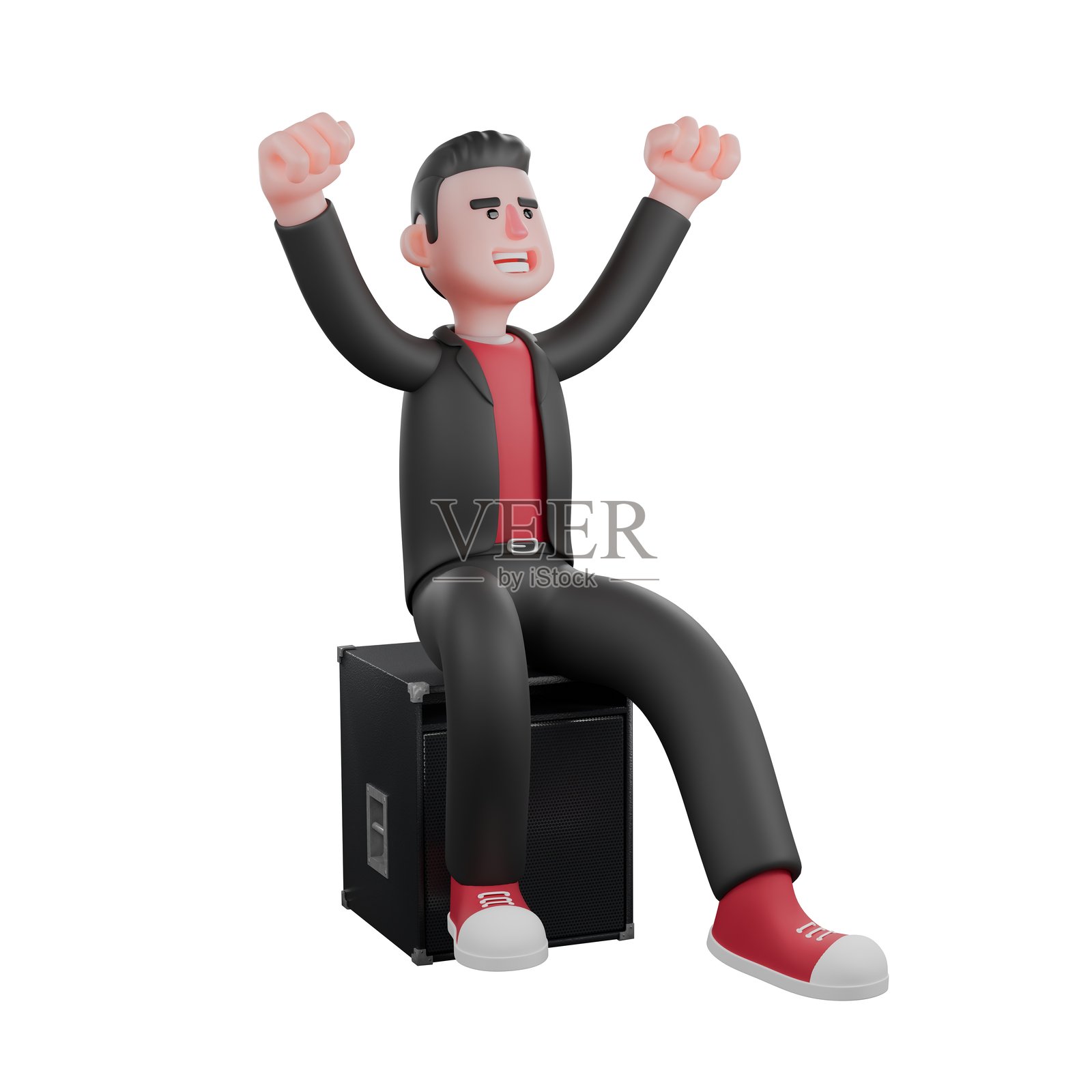 3D舞蹈艺术家角色。一位男编舞者坐在音响上，双手握拳向上，面带灿烂的笑容。编舞设计照片摄影图片