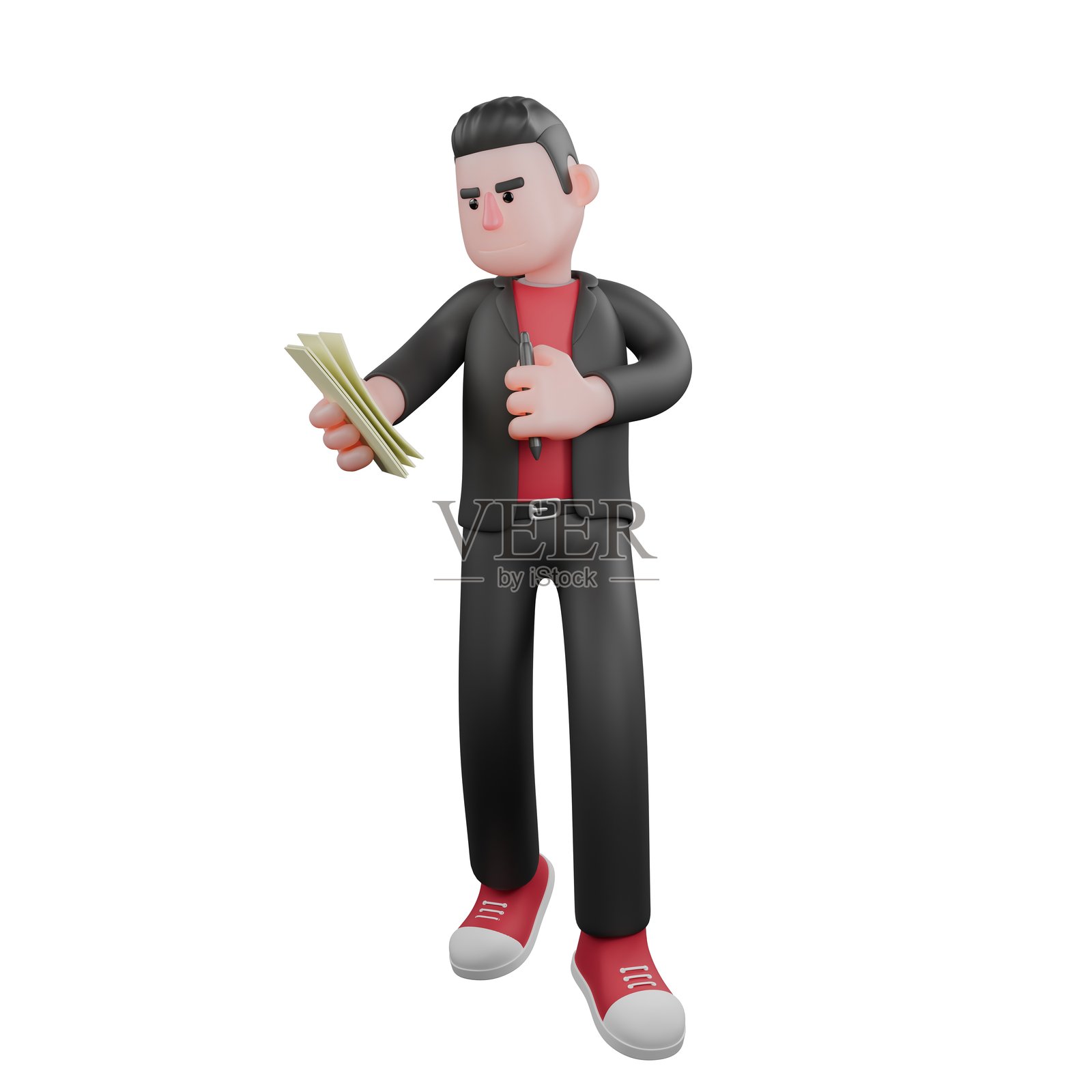 编舞师角色设计。一位男性编舞师双手握着纸和笔。3D舞蹈艺术家照片摄影图片