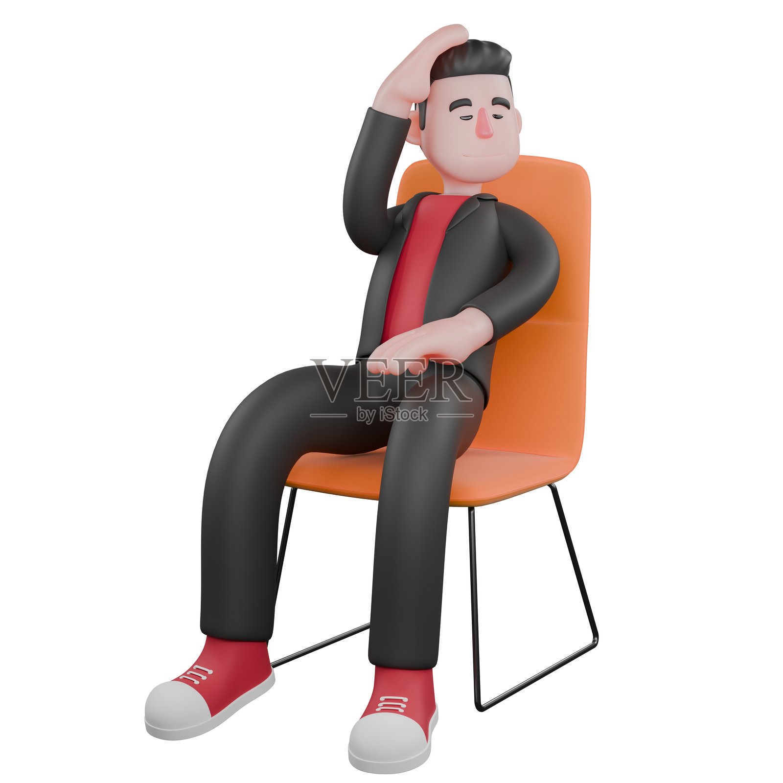 3D舞蹈艺术家卡通。一个男舞蹈编排师坐在椅子上，一只手托着头，另一只手放在膝盖上，表情悲伤。舞蹈编排师角色照片摄影图片