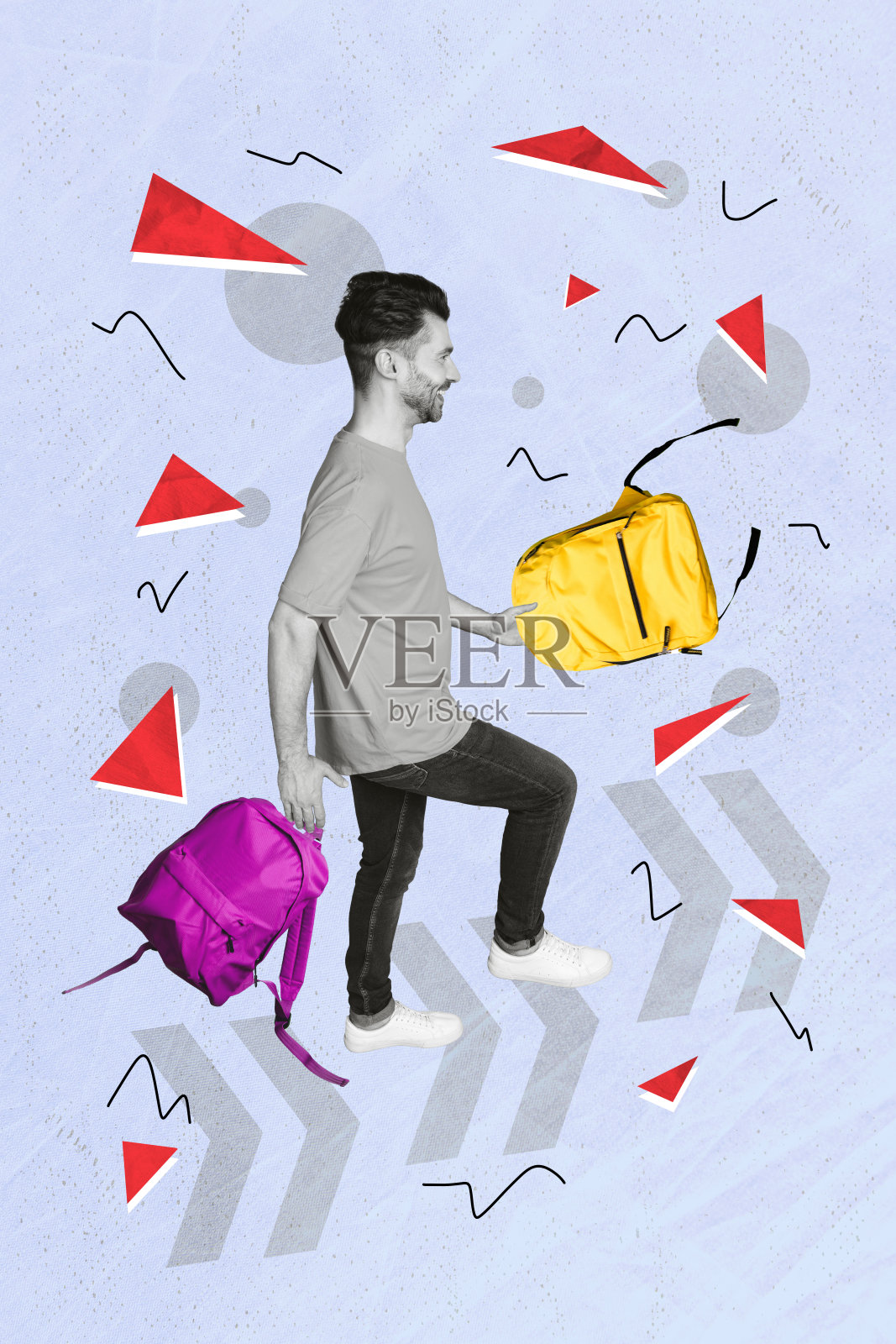 黑白效果的垂直拼贴图，男孩手持背包走在箭头指示的方向，背景为涂鸦风格。照片摄影图片