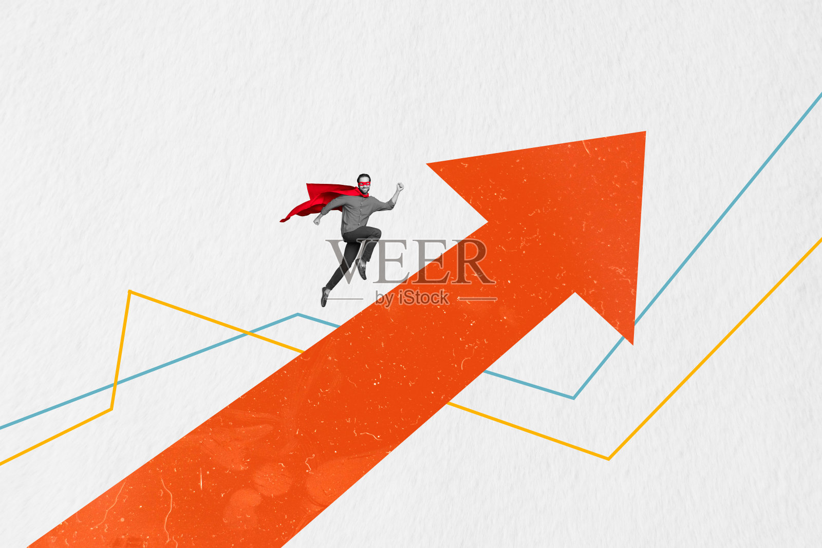 幽默男子充满活力的超人飞向上方箭头指向职业目标的超现实主义拼贴图像概念照片摄影图片