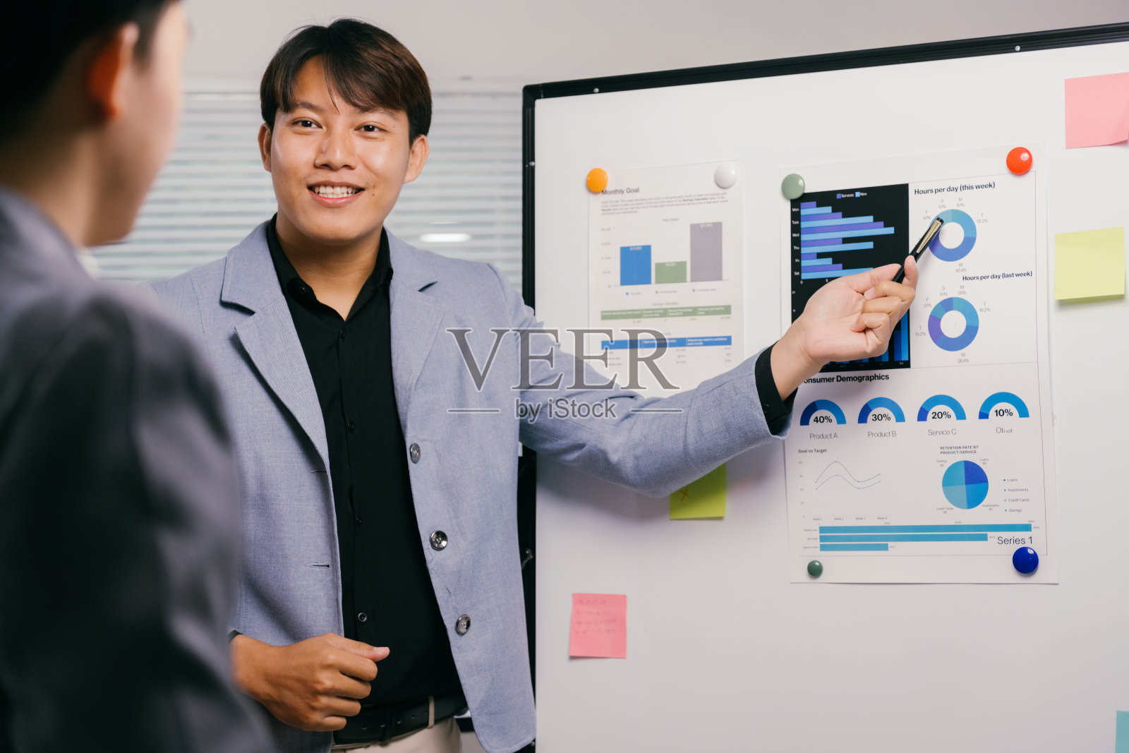 年轻、热情的亚洲商人指着白板上的图表，向同事展示商业数据分析，促进合作与明智决策。照片摄影图片