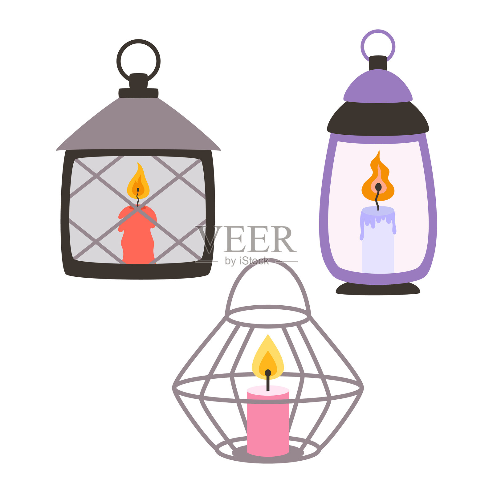 卡通风格的灯笼与蜡烛组合插画图片素材