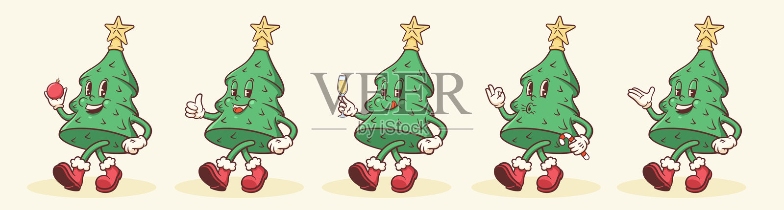 复古圣诞树人物角色套装。卡通树装饰角色集合。冬季假日吉祥物模板。快乐的复古酷炫新年插图，独立展示。插画图片素材