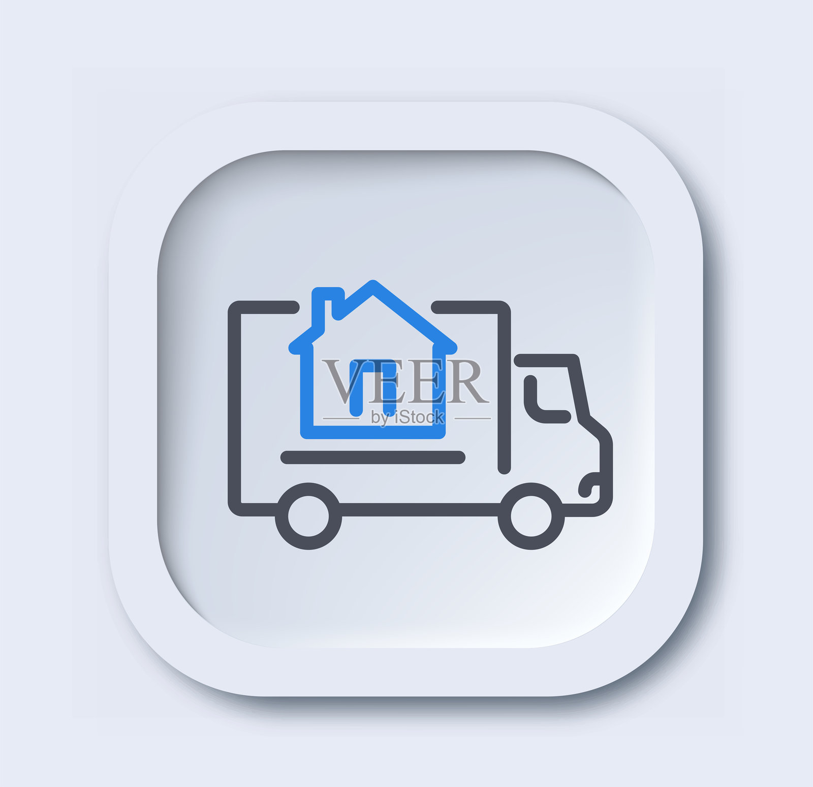 修理线性图标。带有蓝色房屋的卡车。移民与搬迁。网站的极简UI和UX设计。轮廓矢量插图。插画图片素材