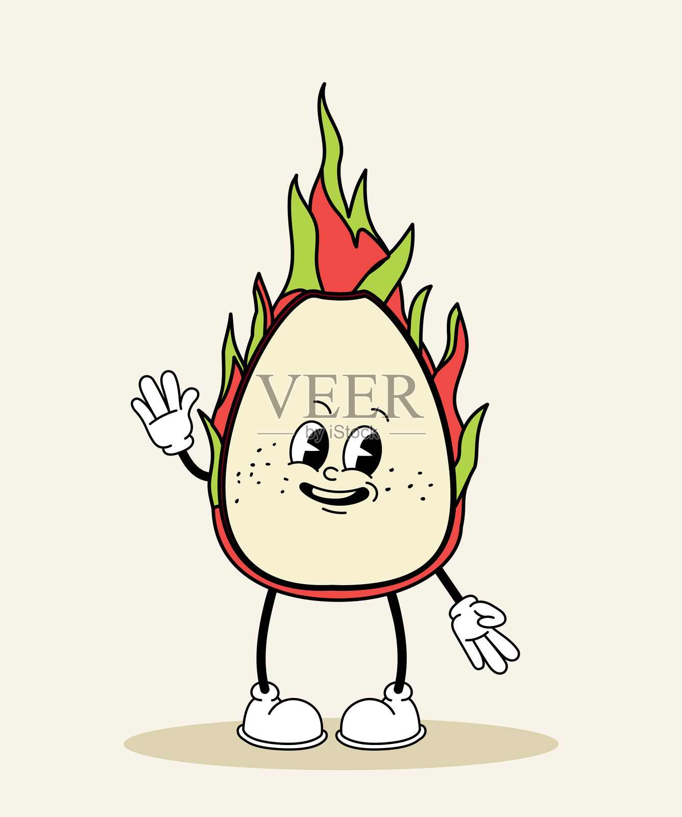 复古龙果角色。卡通中的虚构角色。快乐的玩具和吉祥物。开心的火龙果。时尚而有趣的角色。平面矢量插图。插画图片素材