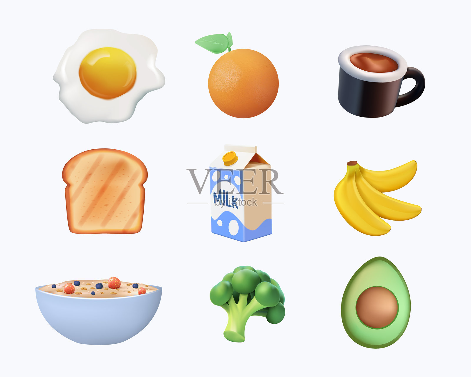 健康早餐。各种美味的食物和饮品。可爱的3D图标和标志。时尚的矢量插图。卡通风格的3D设计。插画图片素材