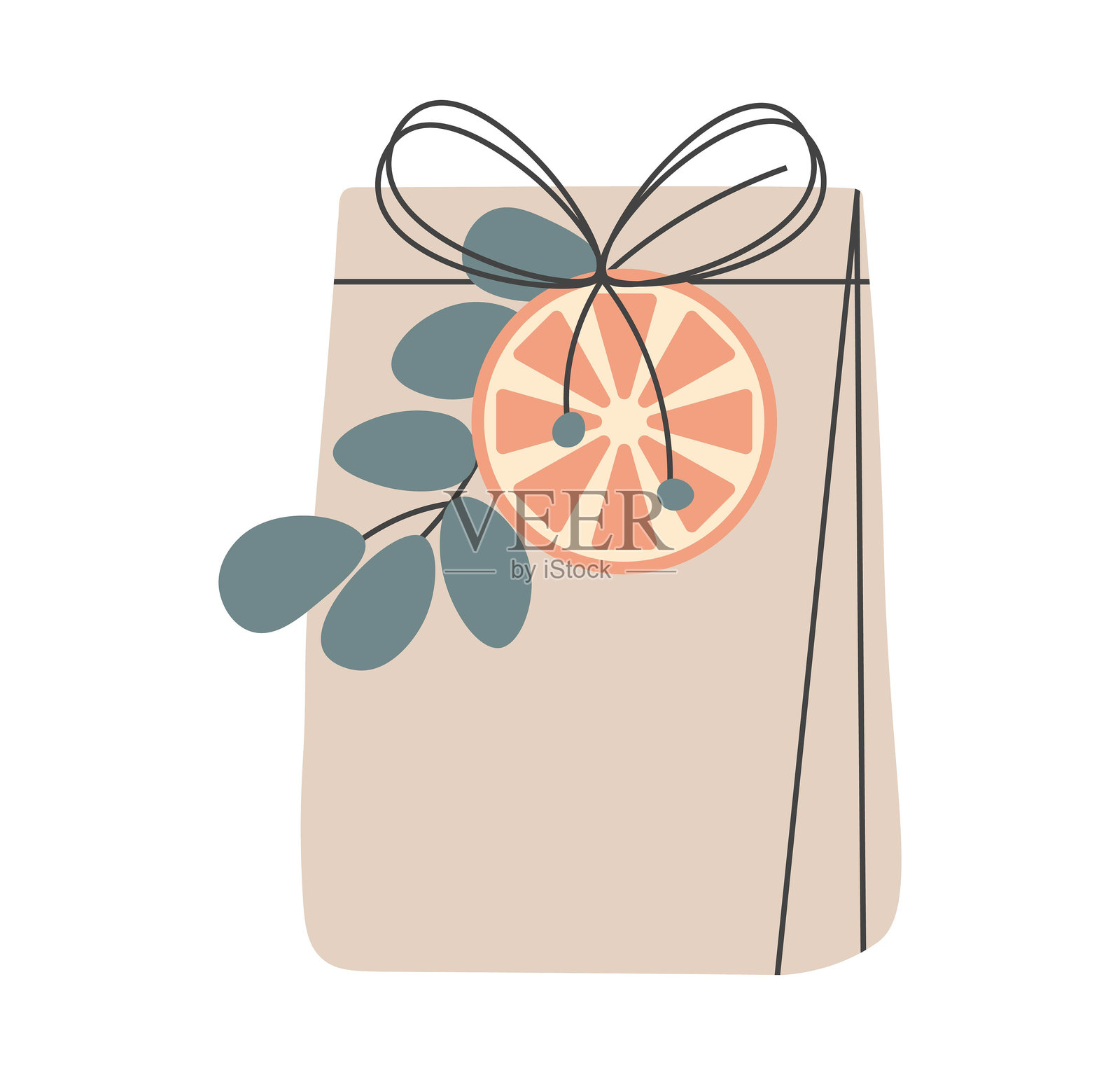 现代环保包装的圣诞节假日礼物。用牛皮纸袋装的礼物，配有树枝、橙子和麻绳。用蝴蝶结或绳子绑起来的DIY礼物。白色背景上的平面矢量插图。插画图片素材