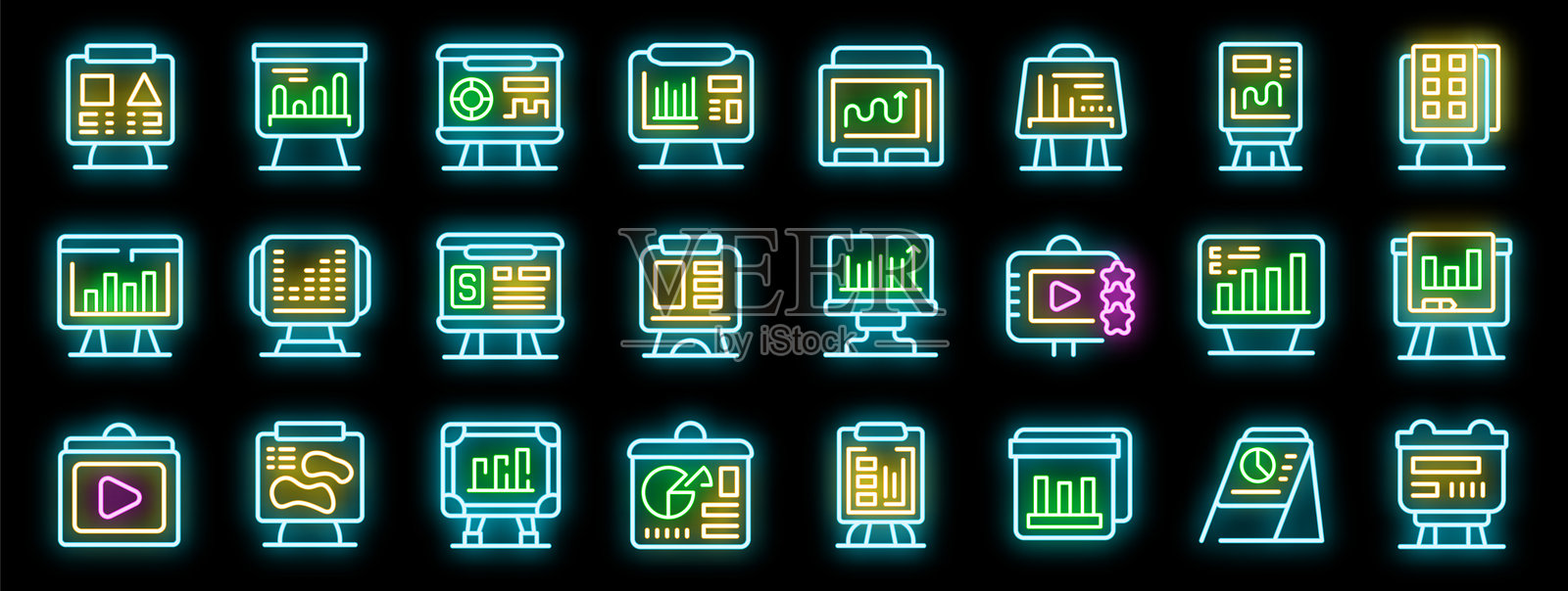商人演示图标集矢量霓虹灯风格。插画图片素材