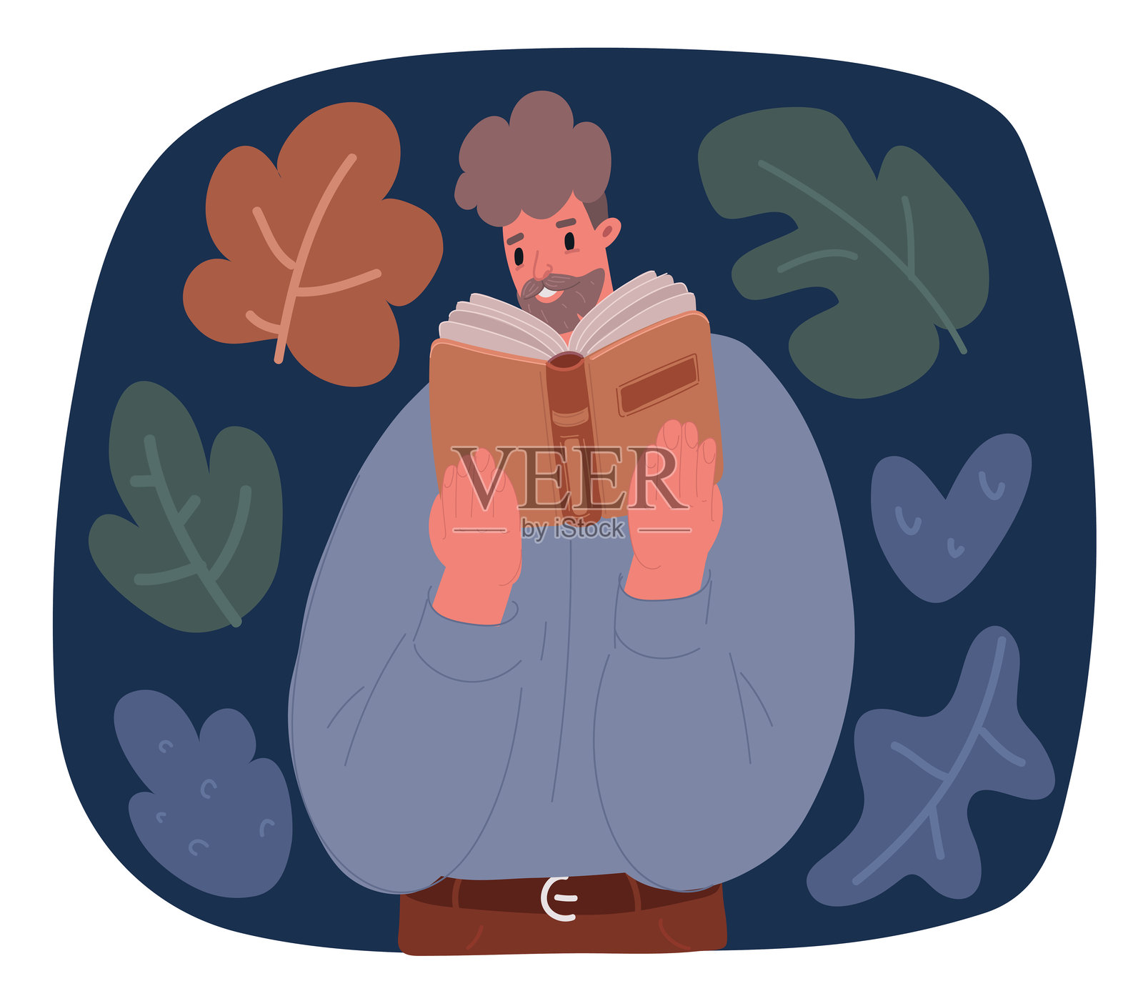 卡通矢量插图：男人坐在咖啡馆里阅读一本书插画图片素材