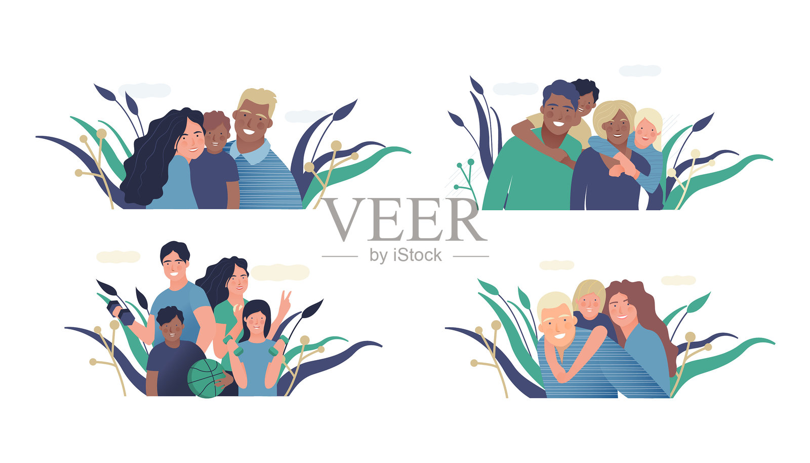 医疗保险模板集。现代扁平矢量插图。快乐的父母和孩子家庭，拥抱在一起或手持运动器材，背景抽象。插画图片素材