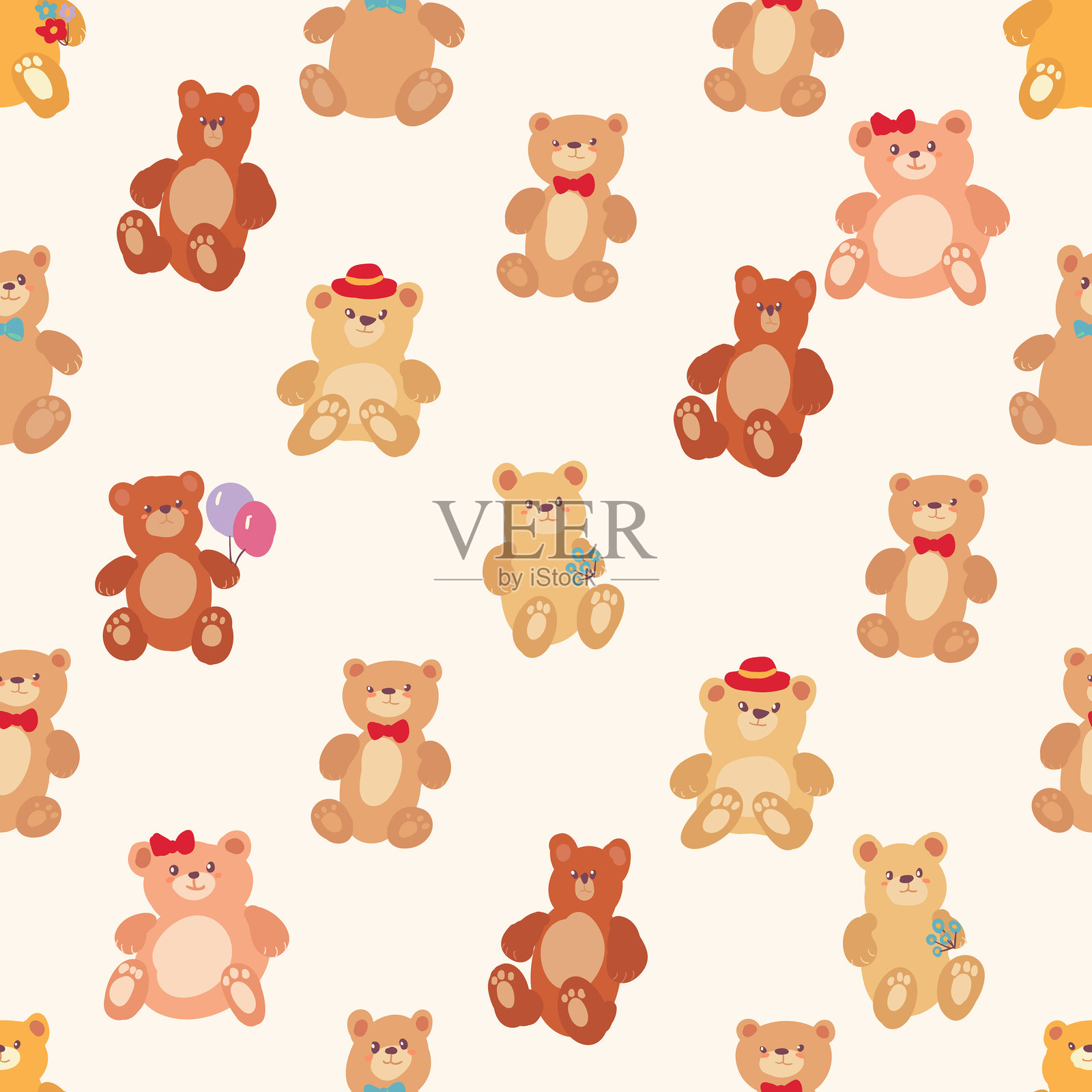棕色和白色的泰迪熊手持气球，形成无缝图案插画图片素材