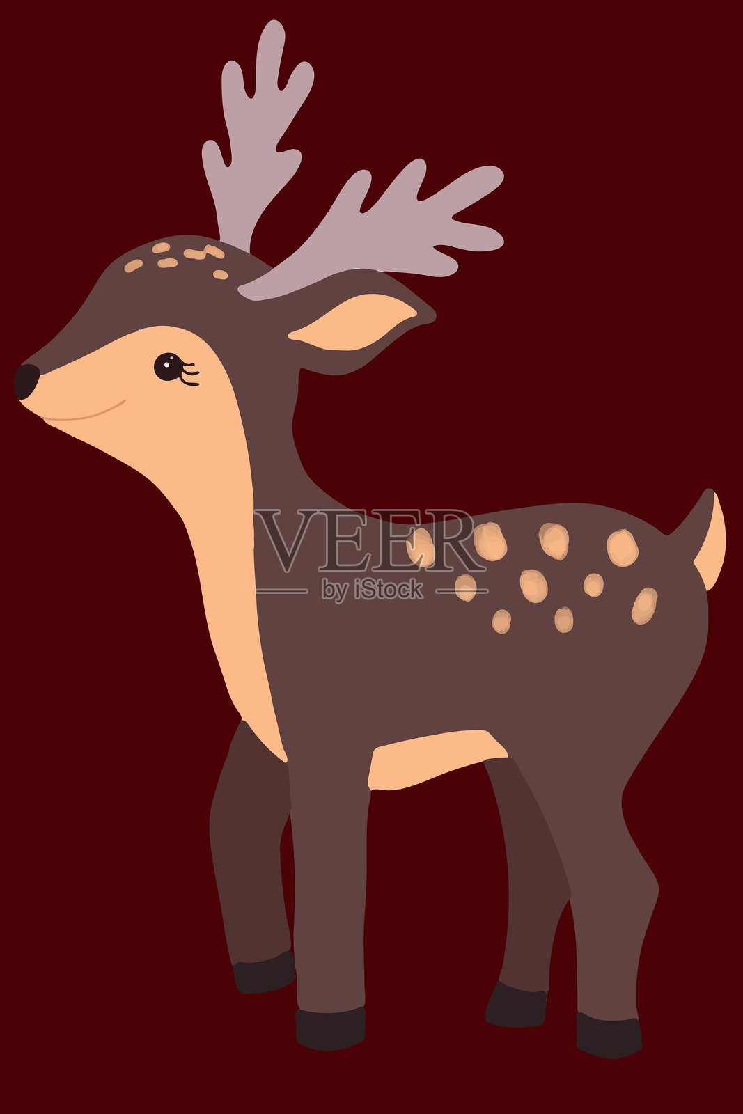 平面卡通插图，鹿形圣诞玩具。可爱的圣诞装饰，线条风格，背景为棕色。插画图片素材