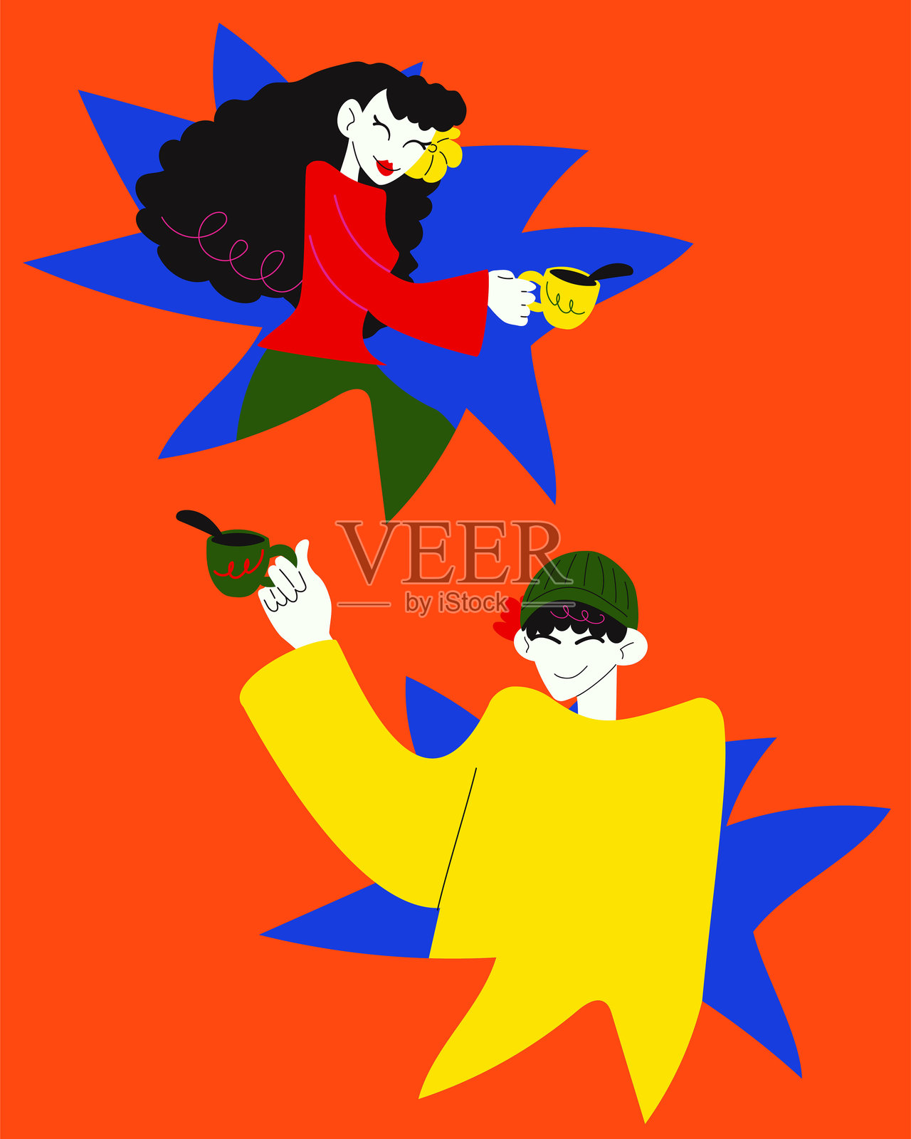 男女手持咖啡杯插画图片素材