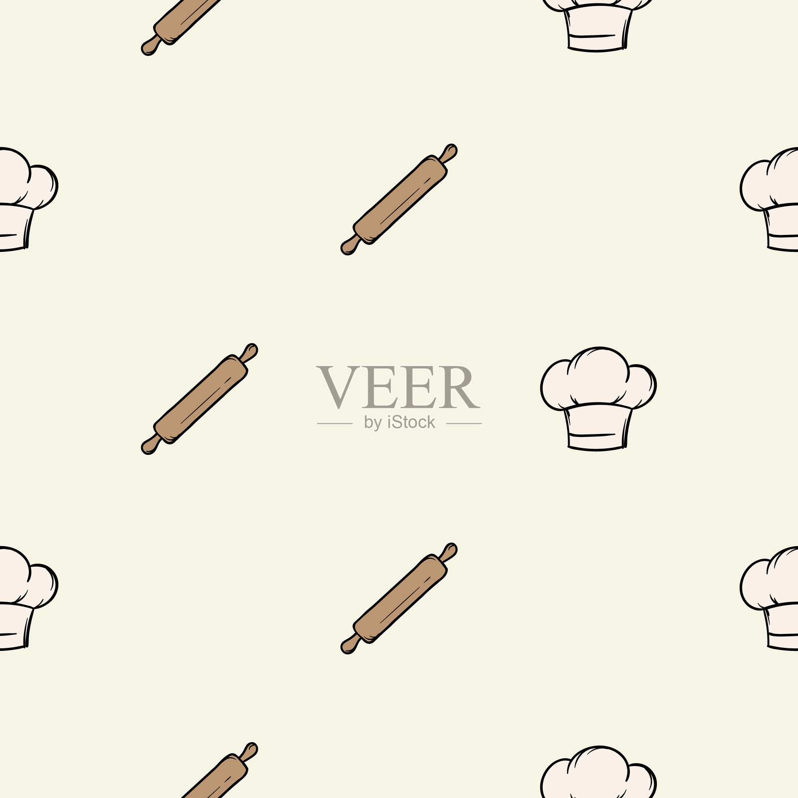 简单的无缝厨房设计图案，包含擀面杖和厨师帽。适用于厨房、咖啡馆、餐厅、包装纸和印刷设计的矢量背景。插画图片素材
