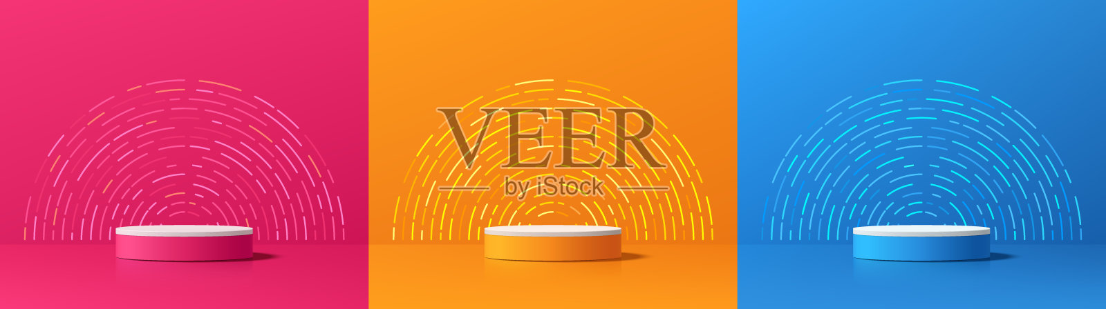 一组橙色、粉色和蓝色的3D圆柱形讲台，背景为圆形线条。极简主义的展示台模型。抽象的产品展示平台。展示用的舞台。矢量平台设计。插画图片素材