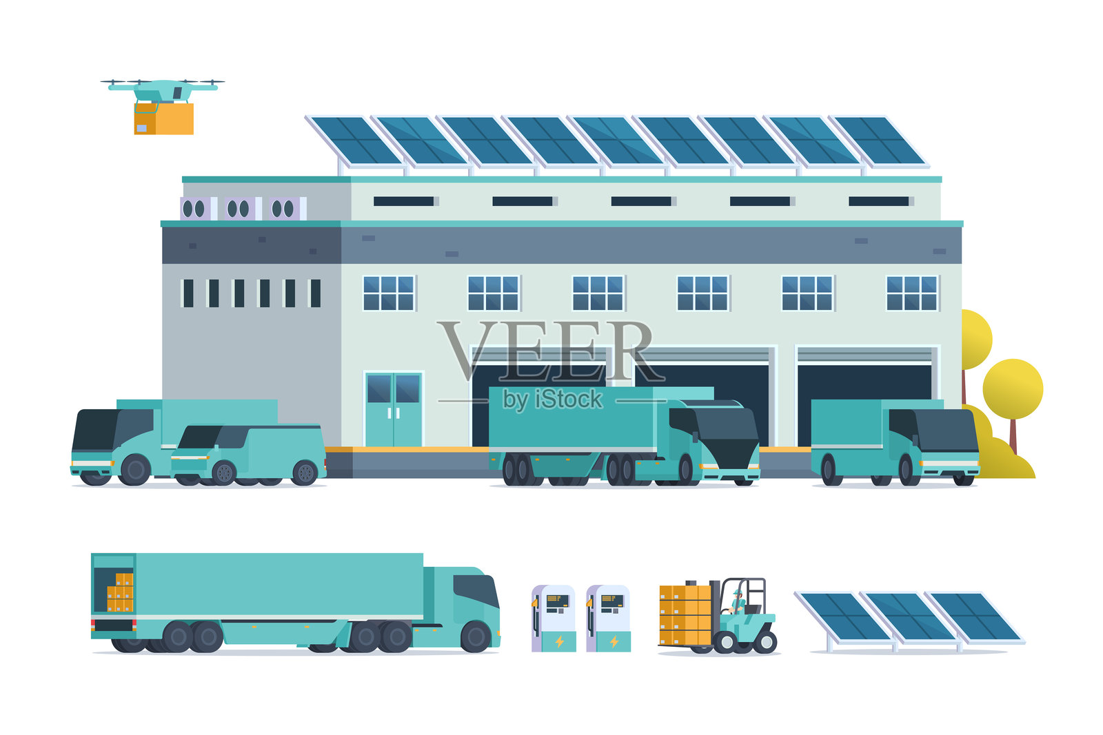 绿色可持续仓库建筑插图，带有物流元素。矢量图插画图片素材